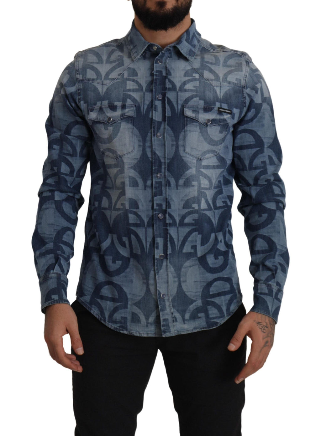 Dolce & Gabbana Blue Denim Stretch DG Logo Casual Slim Men's Shirt