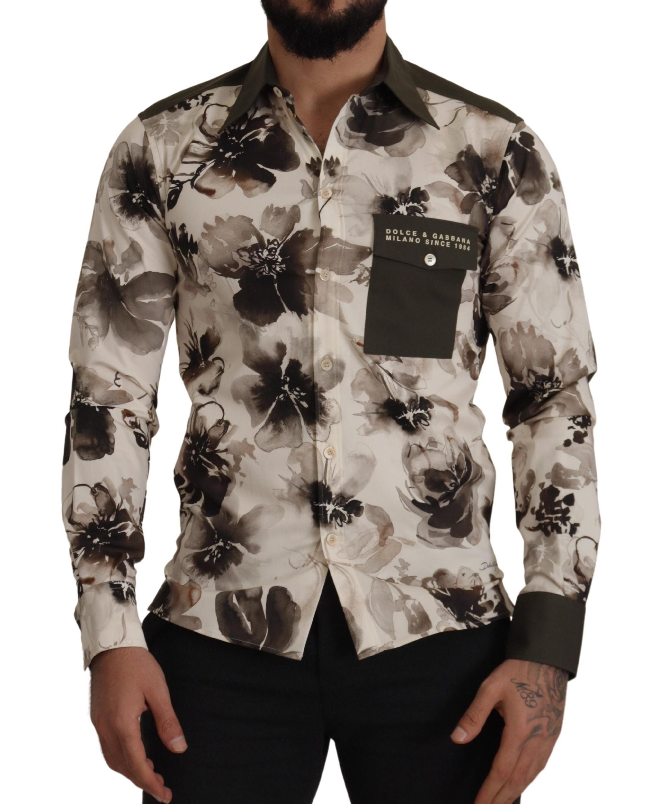 Dolce & Gabbana Grün Beige Geblümtes Baumwoll-Stretch-Exklusiv-Hemd