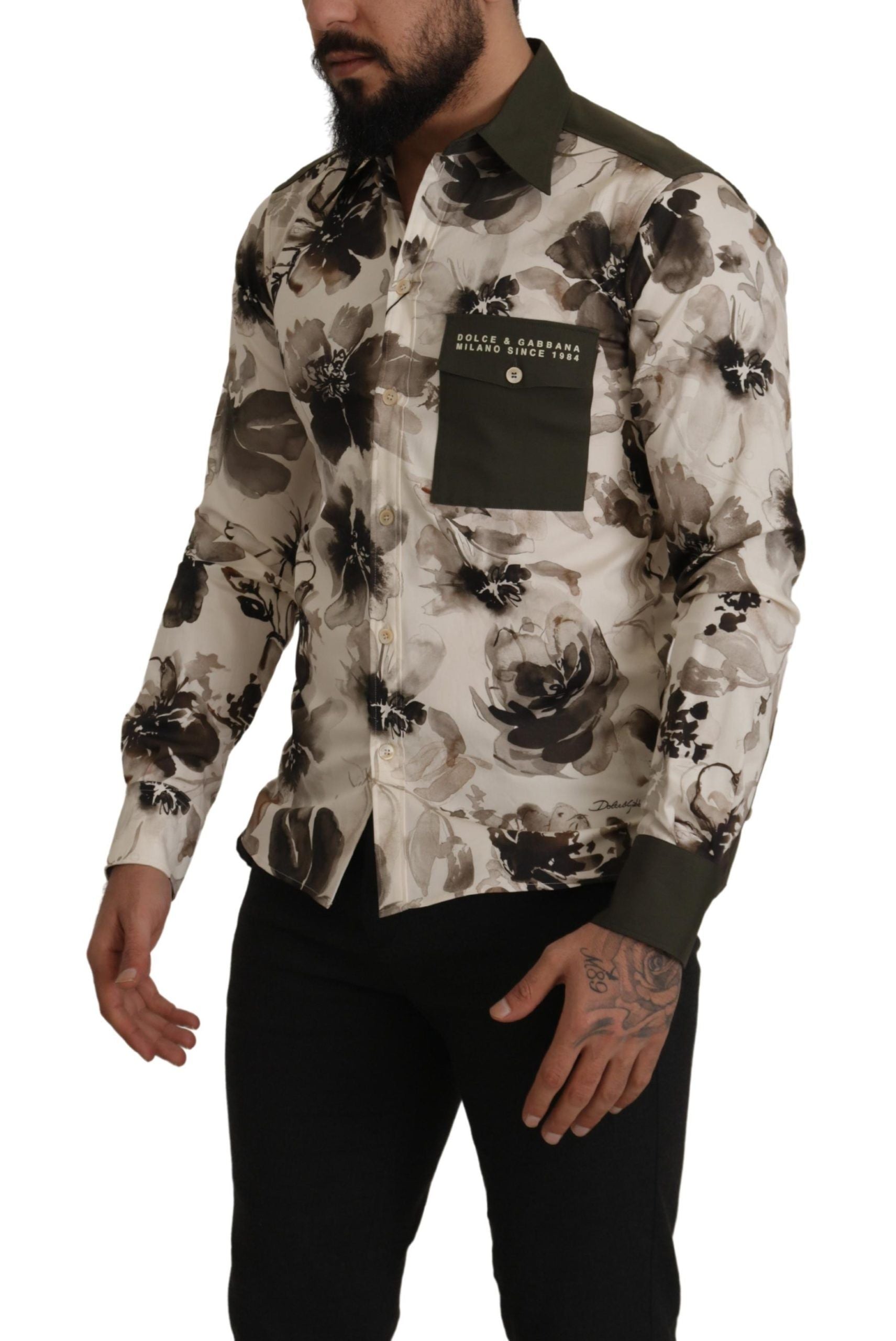 Dolce & Gabbana Grün Beige Geblümtes Baumwoll-Stretch-Exklusiv-Hemd