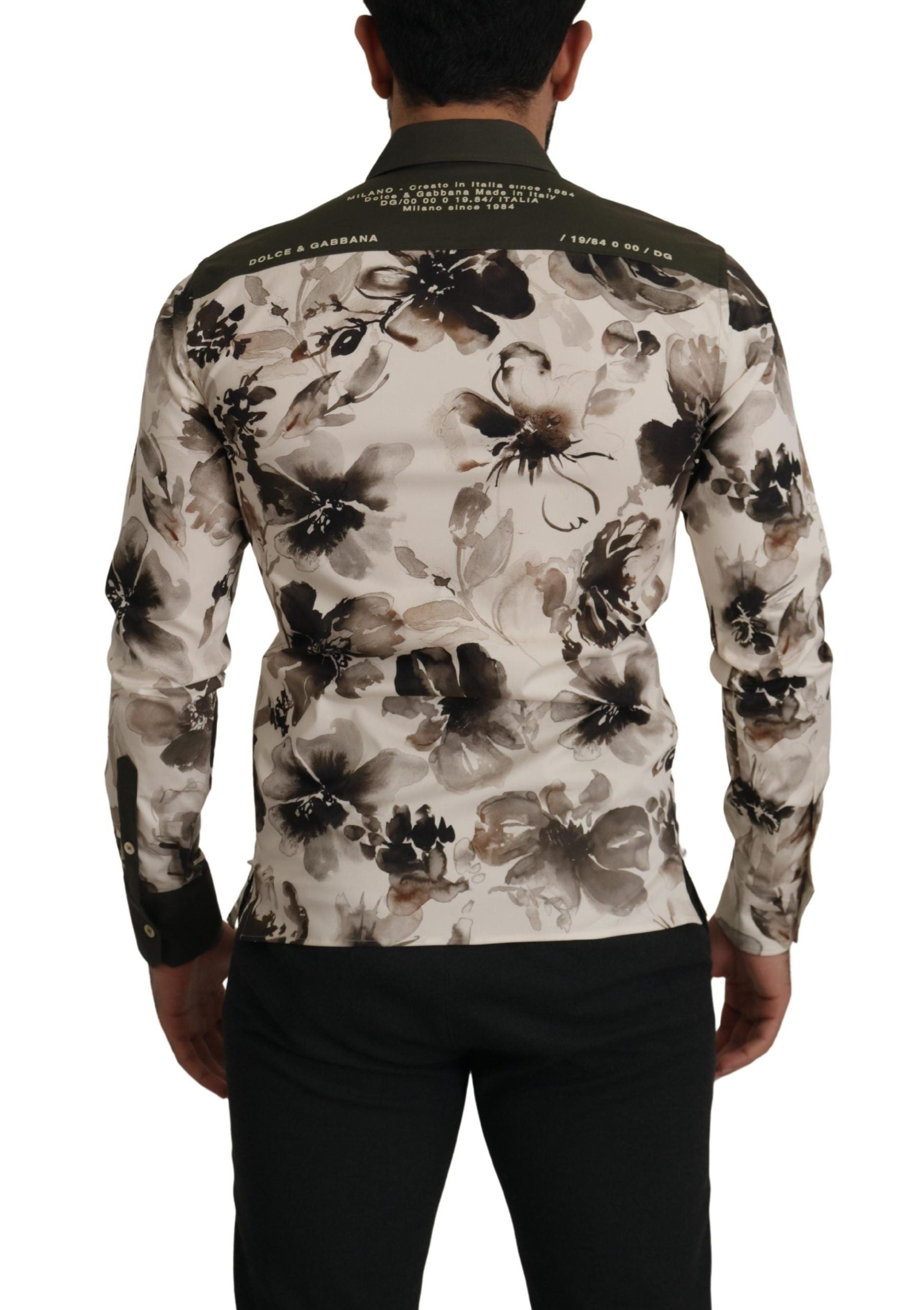 Dolce & Gabbana Grün Beige Geblümtes Baumwoll-Stretch-Exklusiv-Hemd