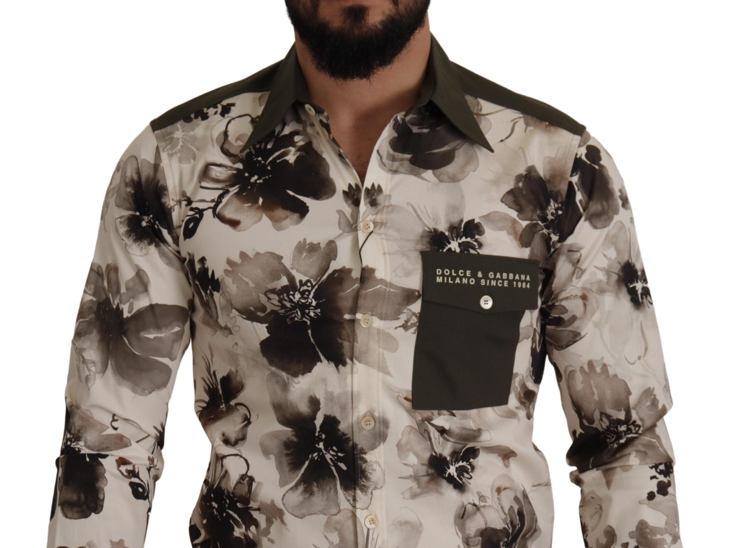 Dolce & Gabbana Grün Beige Geblümtes Baumwoll-Stretch-Exklusiv-Hemd