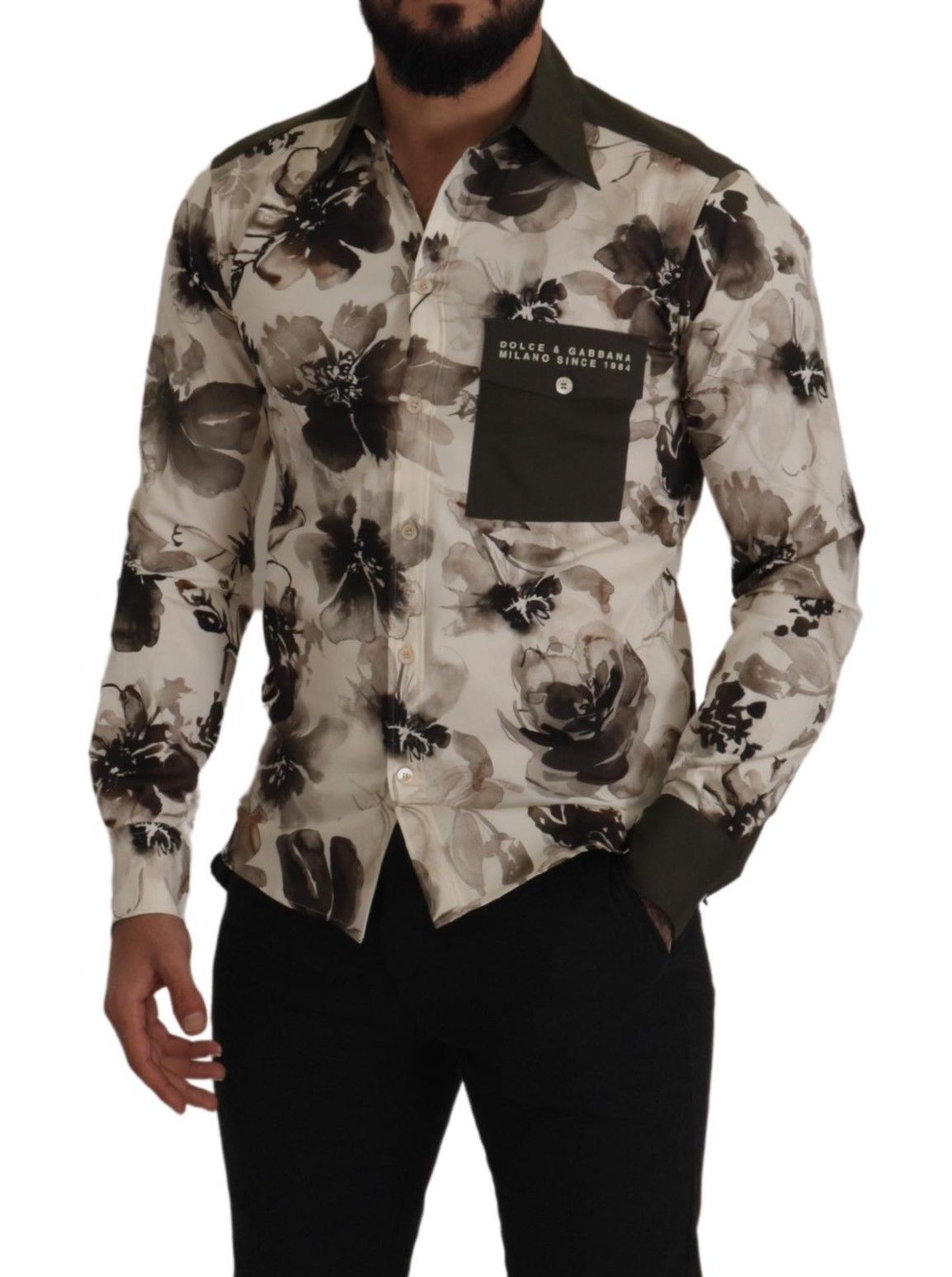 Dolce & Gabbana Grün Beige Geblümtes Baumwoll-Stretch-Exklusiv-Hemd