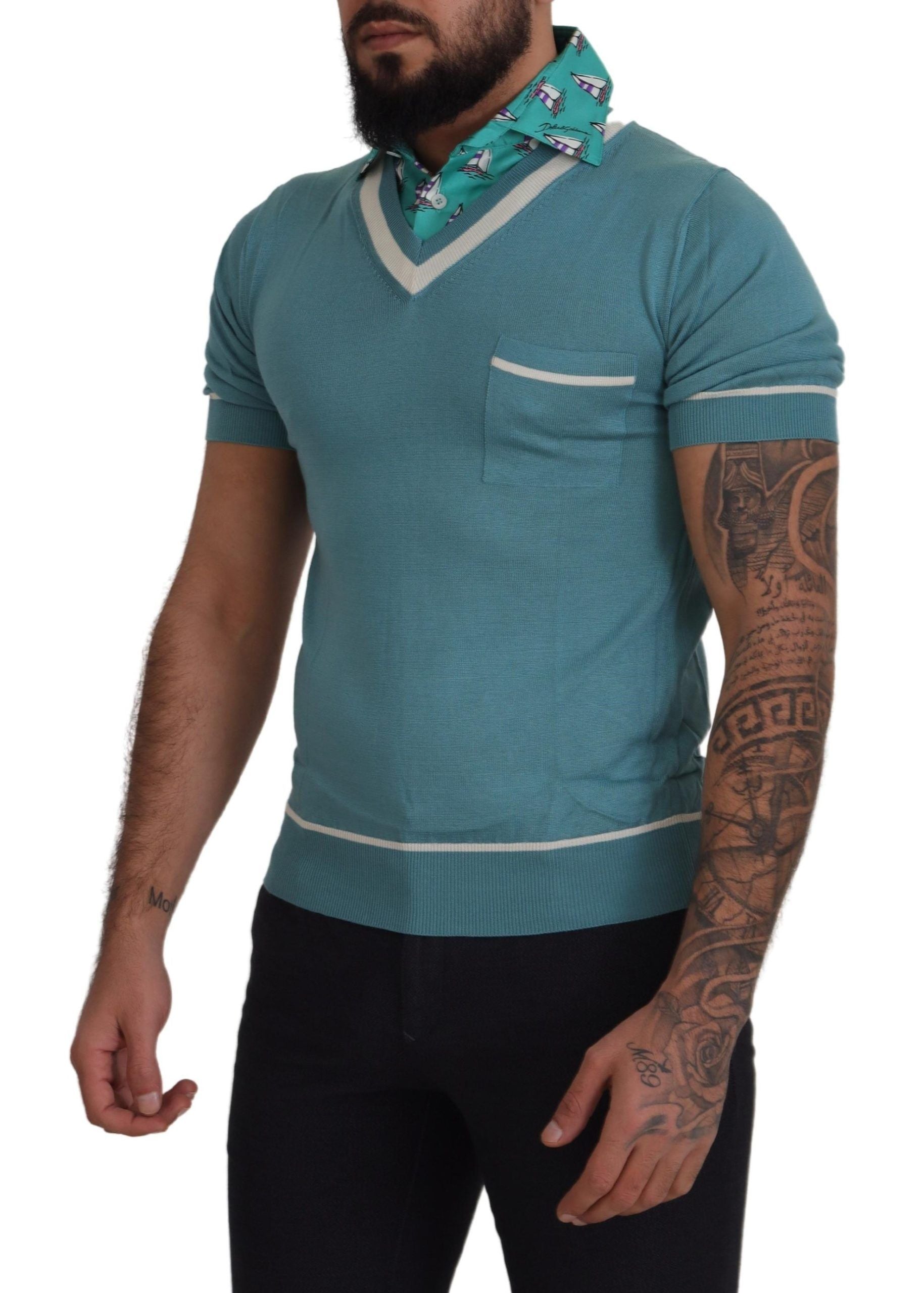 Dolce & Gabbana Blaues Seiden-Polo-Top Herren-T-Shirt mit V-Ausschnitt