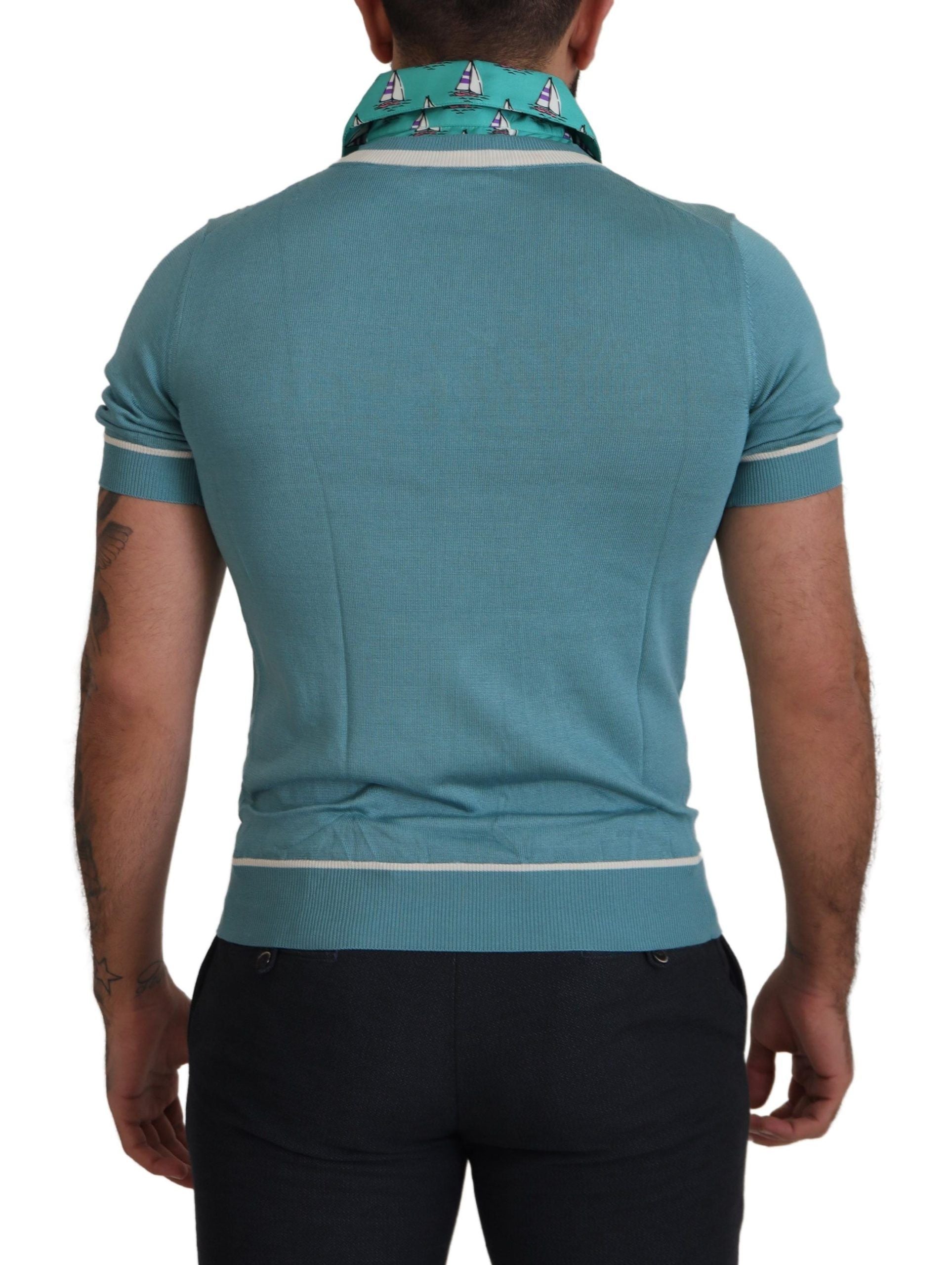 Dolce & Gabbana Blaues Seiden-Polo-Top Herren-T-Shirt mit V-Ausschnitt