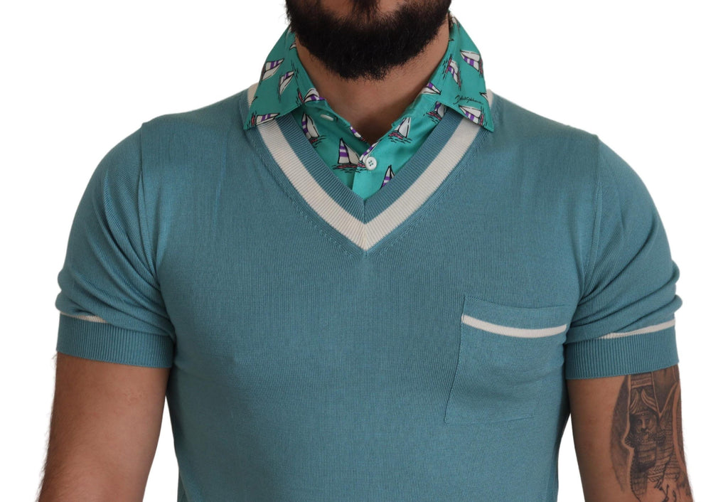 Dolce & Gabbana Blaues Seiden-Polo-Top Herren-T-Shirt mit V-Ausschnitt