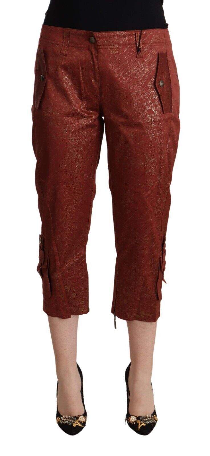Just Cavalli Braune Lurex-Baumwoll-Capri-Hose mit mittlerer Taille