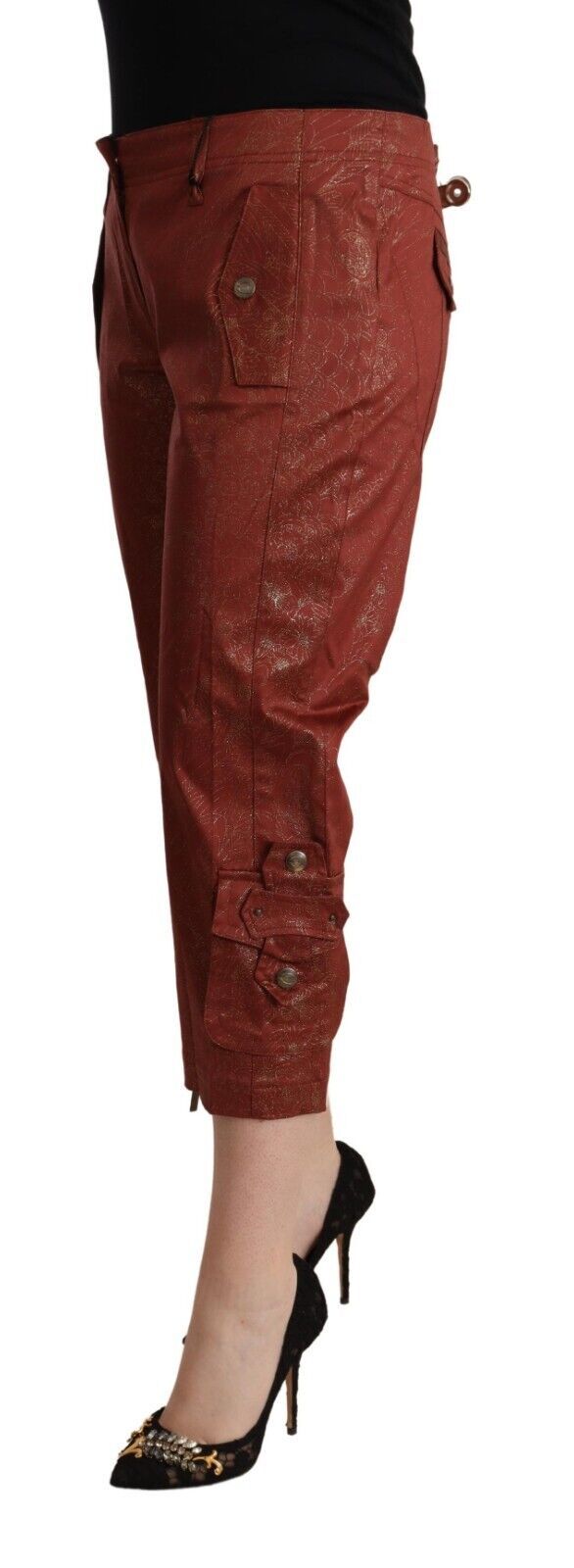 Just Cavalli Braune Lurex-Baumwoll-Capri-Hose mit mittlerer Taille