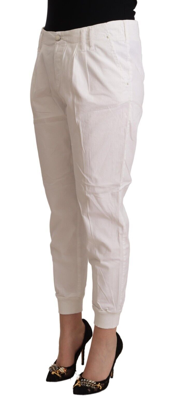 White tapered cotton trousers with a mid-rise waist
