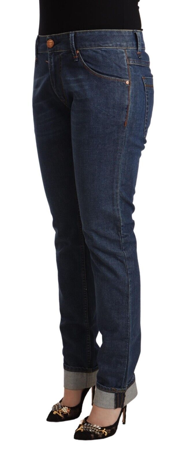 Acht Dunkelblaue Slim Fit Denim-Jeans aus Baumwolle mit gefaltetem Saum