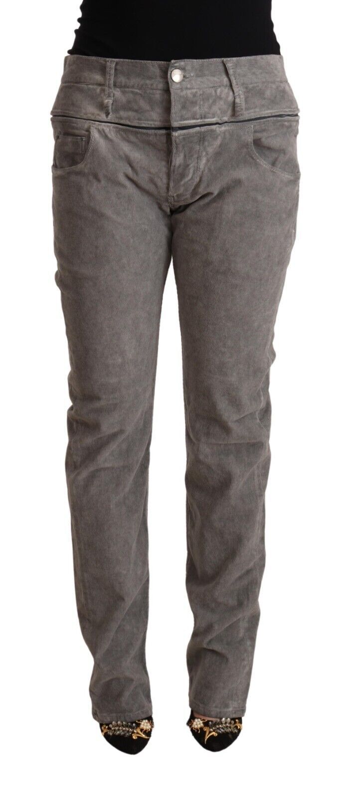 Eight Gray Straight Fit High-Waisted Cotton Trousers
