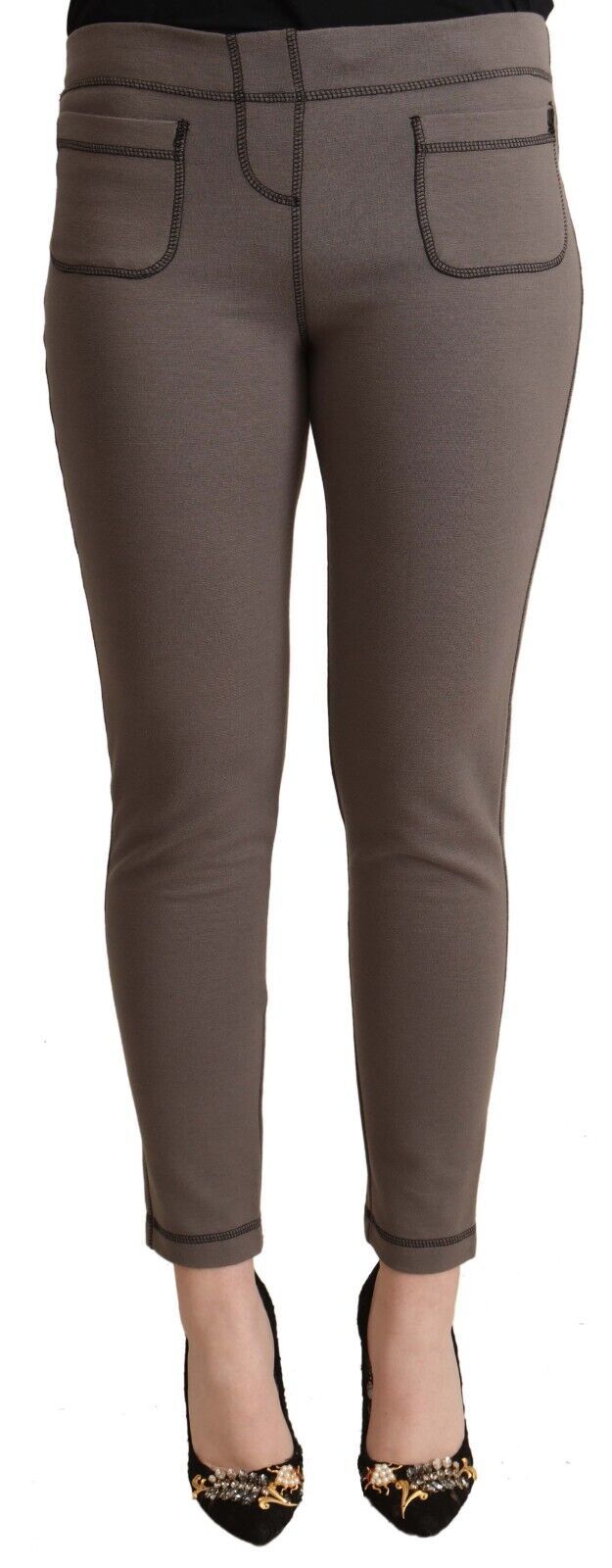 John Galliano Grey Cotton Mid-Rise Stretch Leggings Cropped Pants