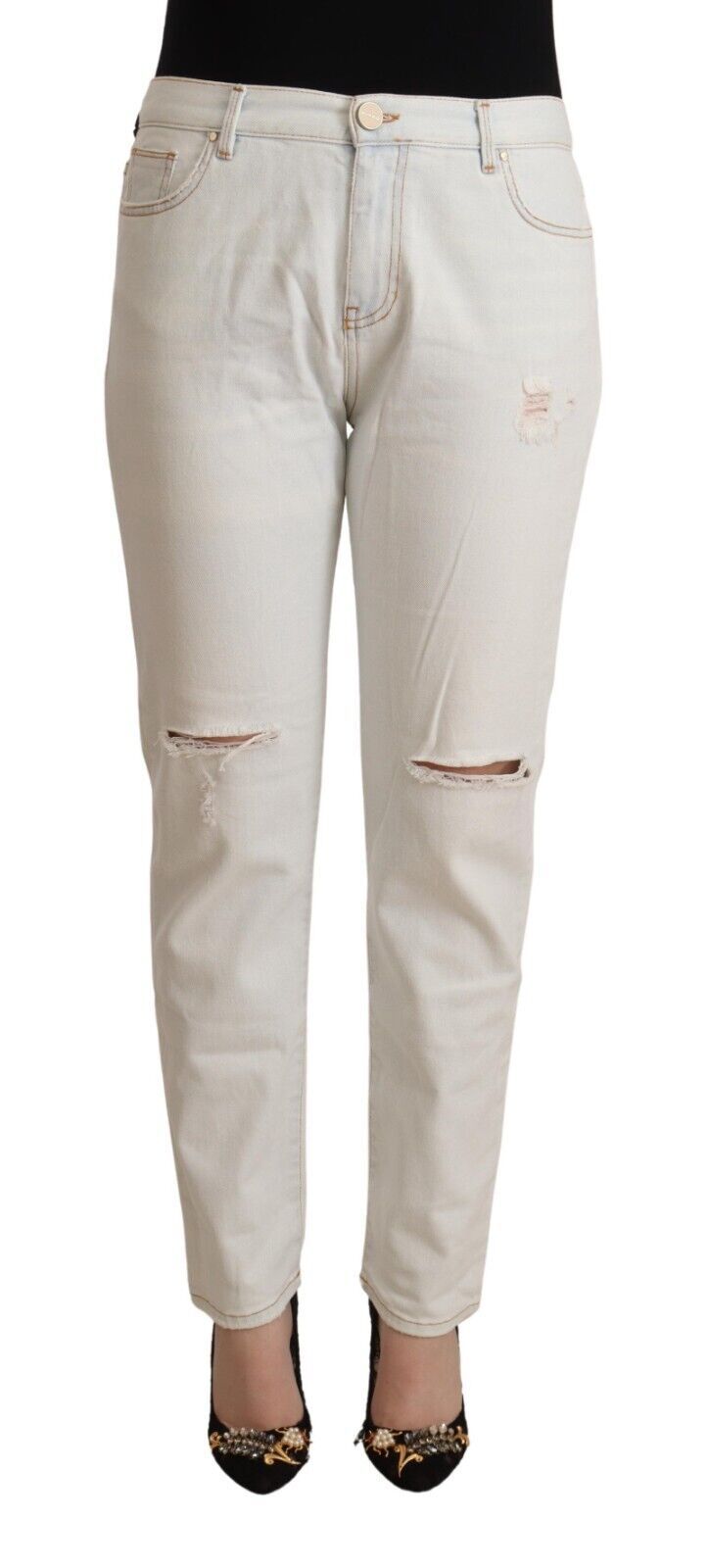 PINKO Weiße Baumwoll-Distressed Mid Waist Skinny Denim Jeans
