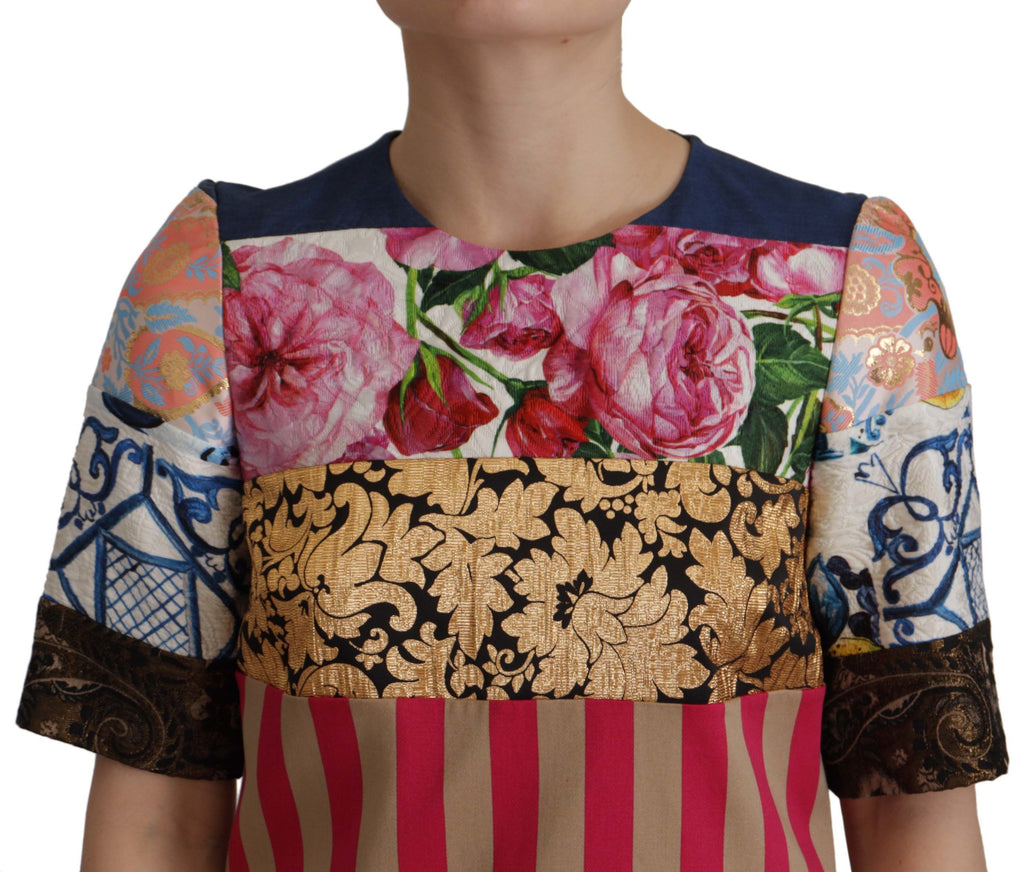 Dolce & Gabbana Multicolor Pachwork Floral Mantel Jaquard Minikleid
