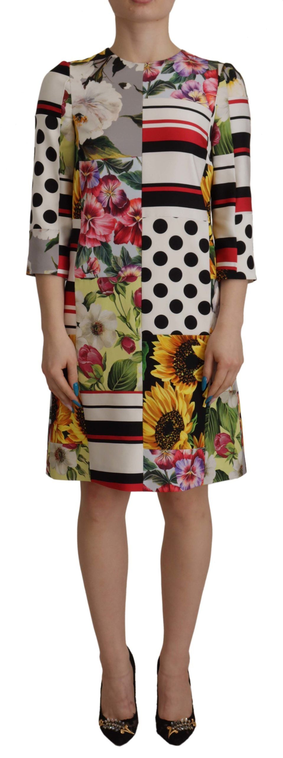 Dolce & Gabbana Multicolor Charmeuse Floral Mantel Jaquard Pachwork Kleid