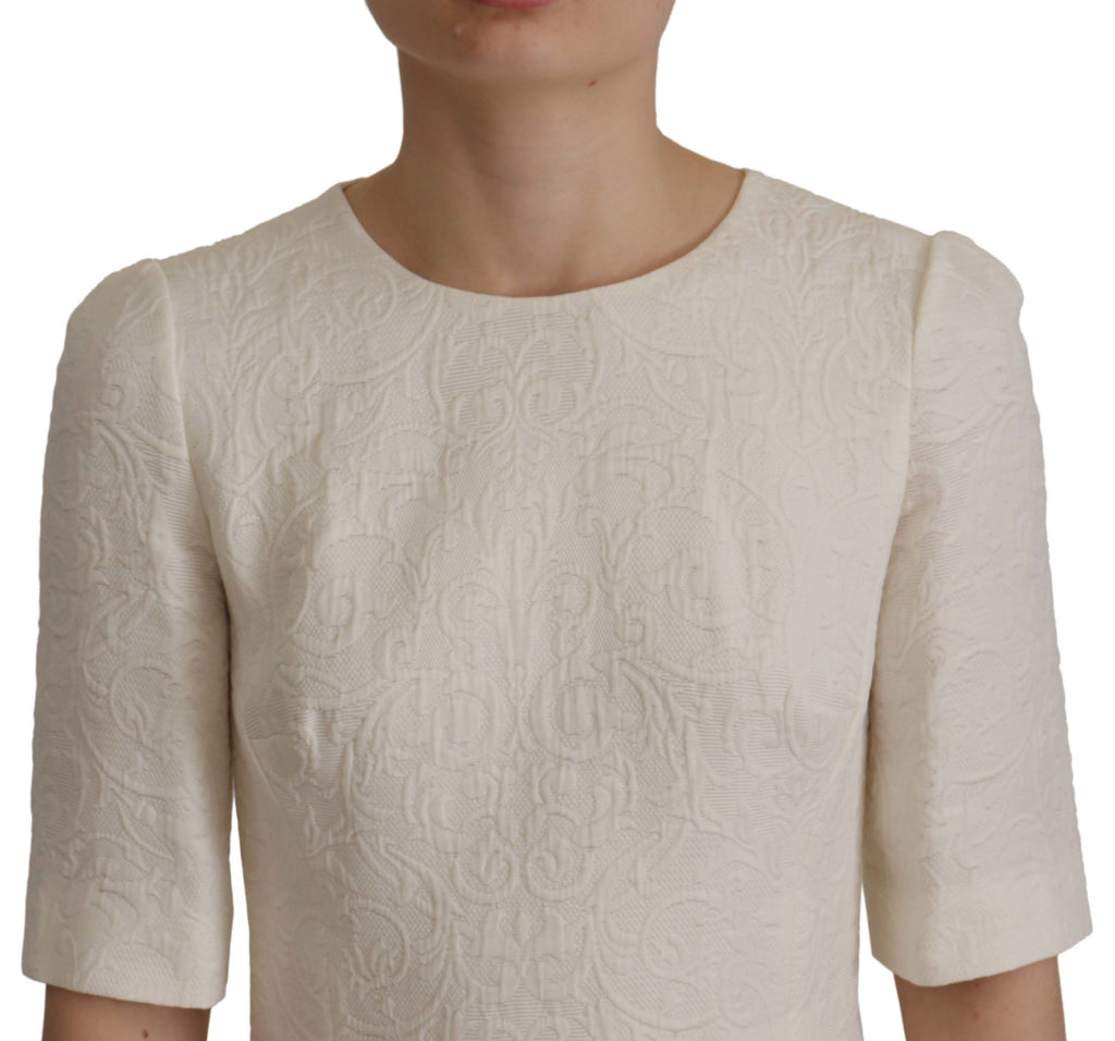 Dolce & Gabbana White Floral Jacquard Midi Dress with Brocade Trim