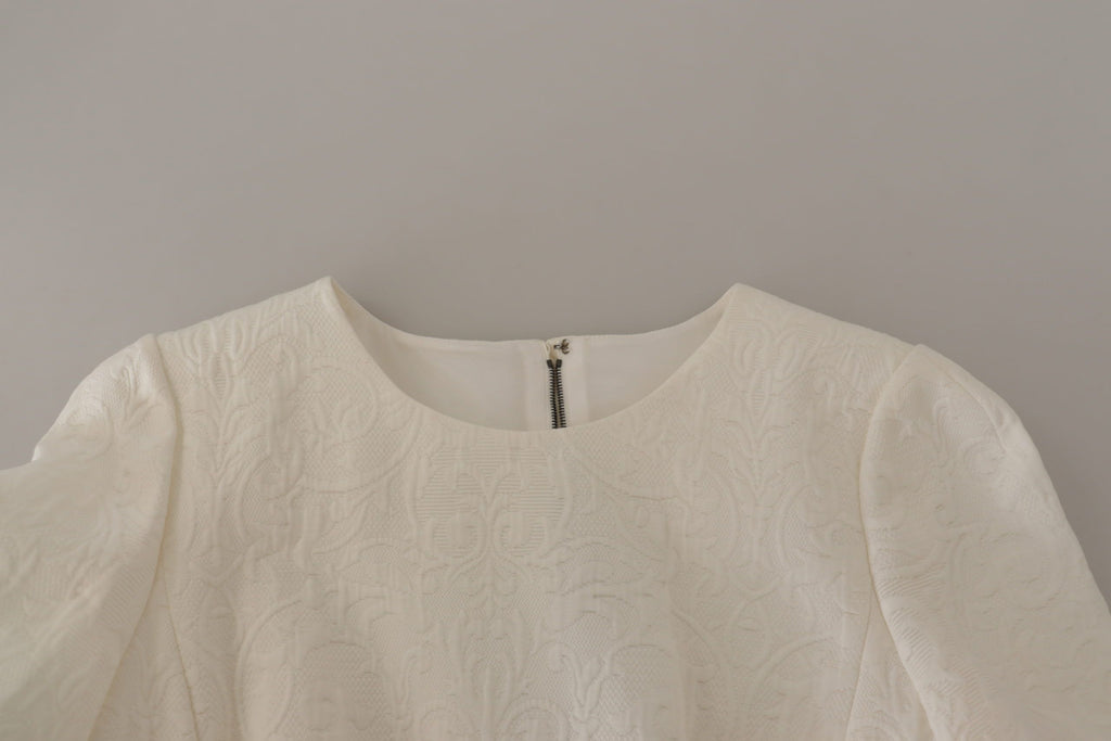 Dolce & Gabbana White Floral Jacquard Midi Dress with Brocade Trim
