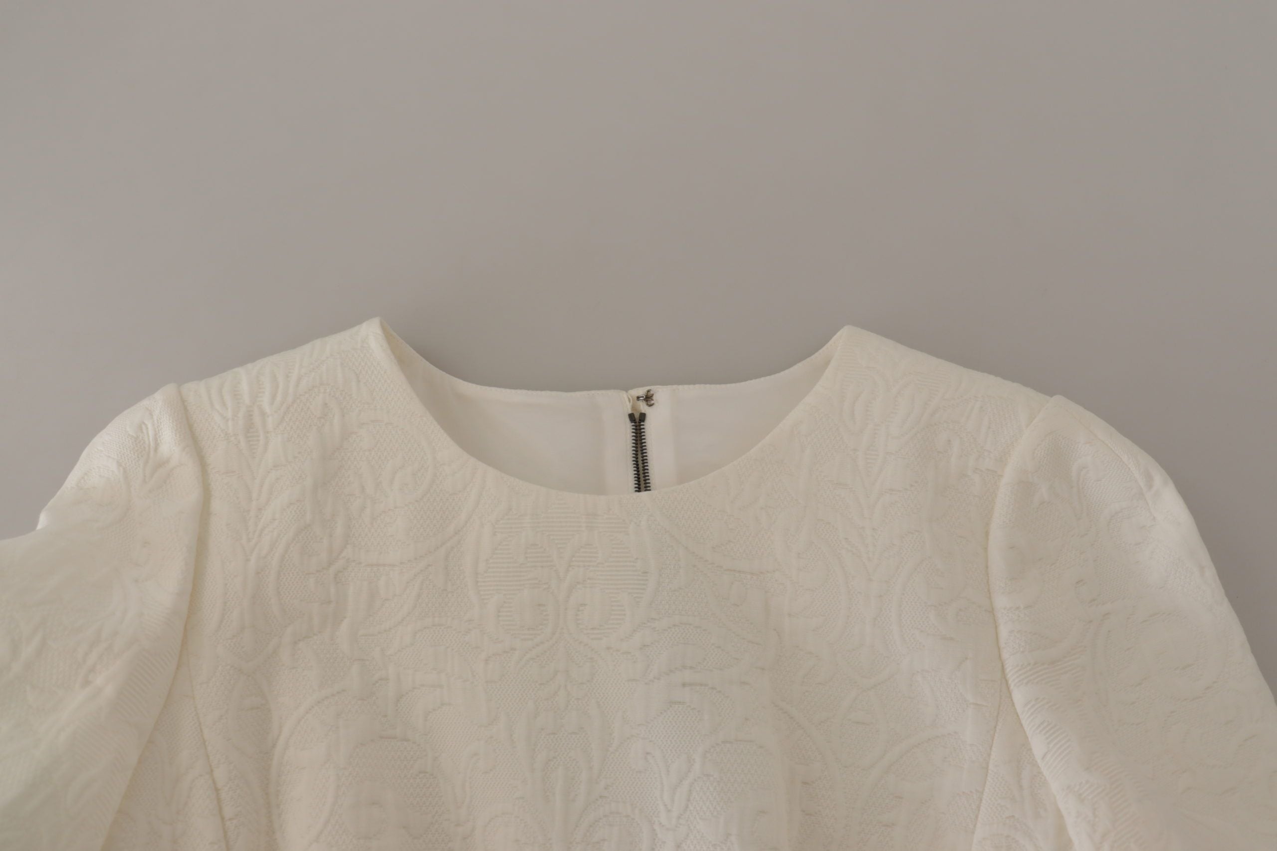 Dolce & Gabbana White Floral Jacquard Midi Dress with Brocade Trim