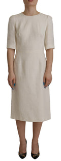 Dolce & Gabbana White Floral Jacquard Midi Dress with Brocade Trim