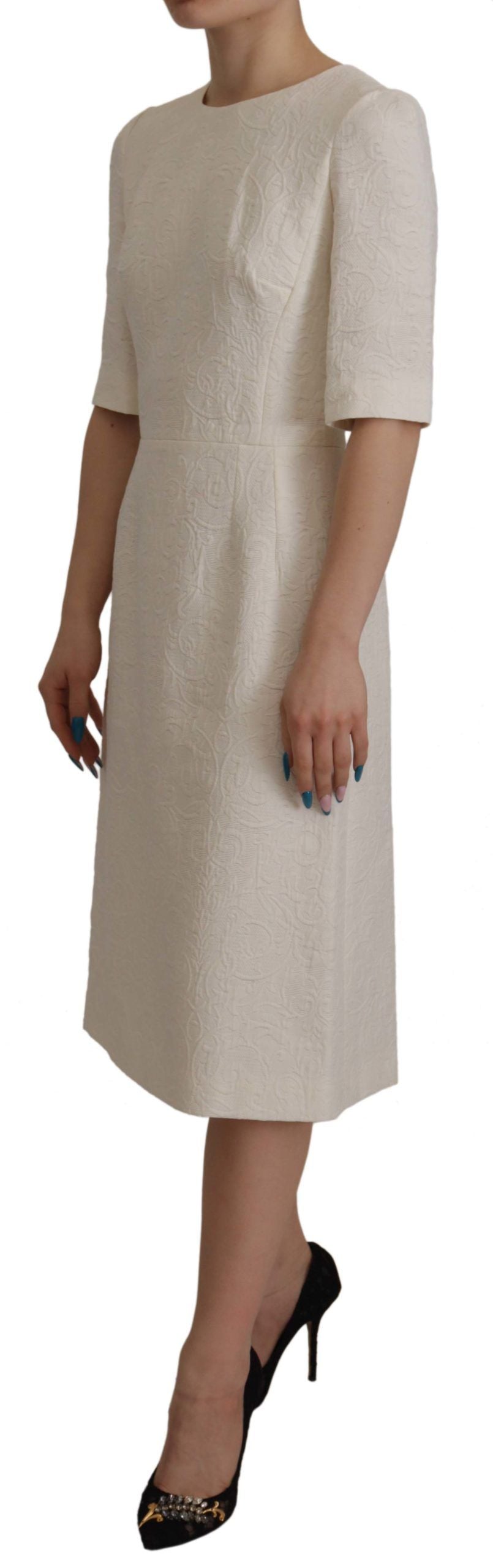 Dolce & Gabbana White Floral Jacquard Midi Dress with Brocade Trim