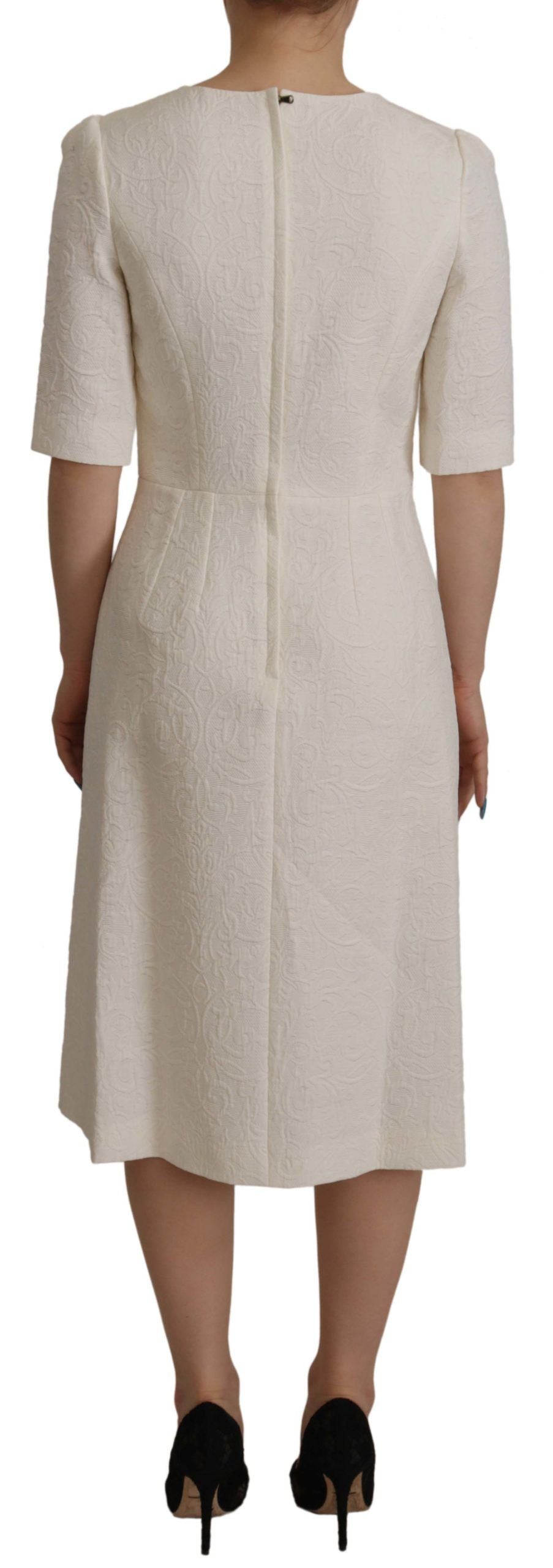 Dolce & Gabbana White Floral Jacquard Midi Dress with Brocade Trim