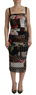 Dolce & Gabbana Multicolor Patchwork Floral Leopard Print Silk Midi Bodycon Dress