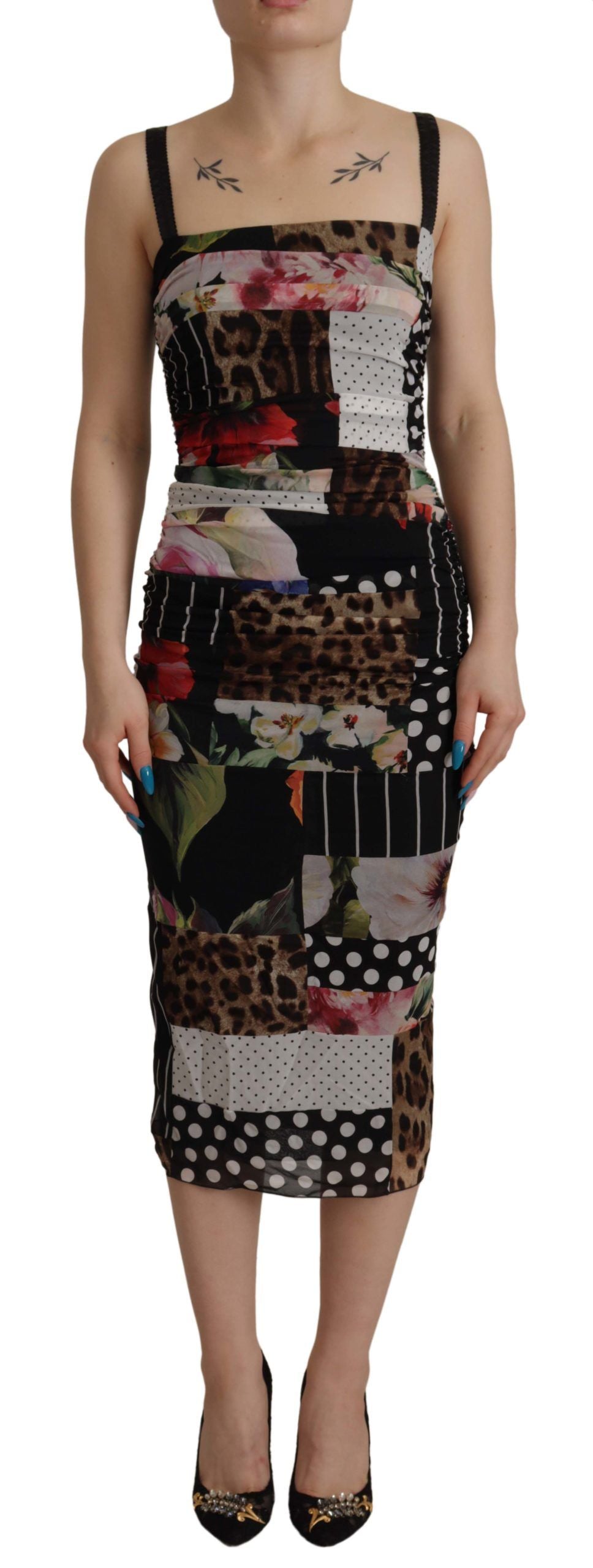 Dolce & Gabbana Multicolor Patchwork Floral Leopard Print Silk Midi Bodycon Dress