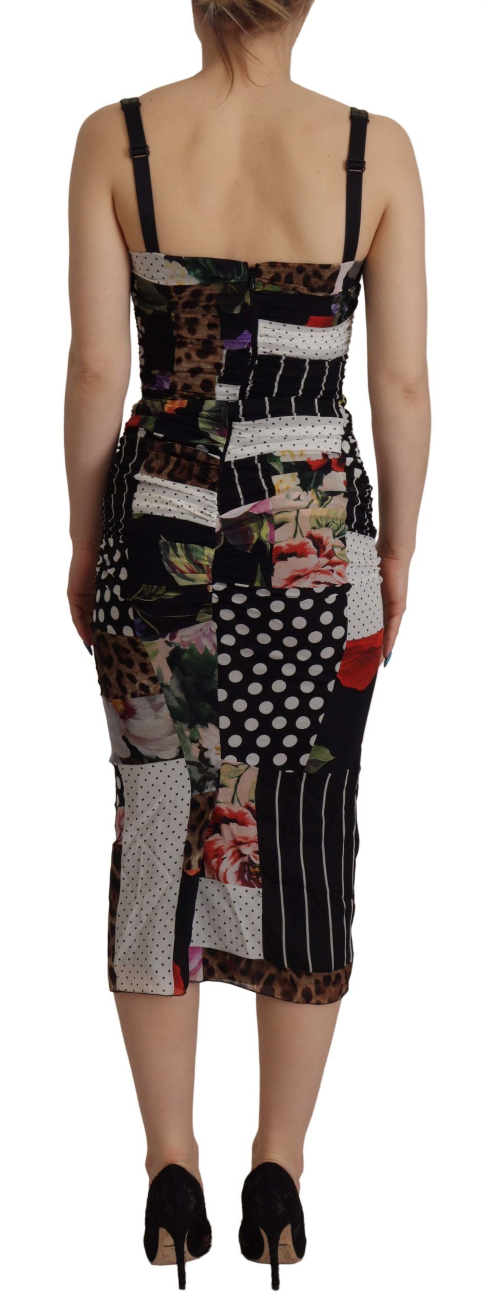 Dolce & Gabbana Multicolor Patchwork Floral Leopard Print Silk Midi Bodycon Dress
