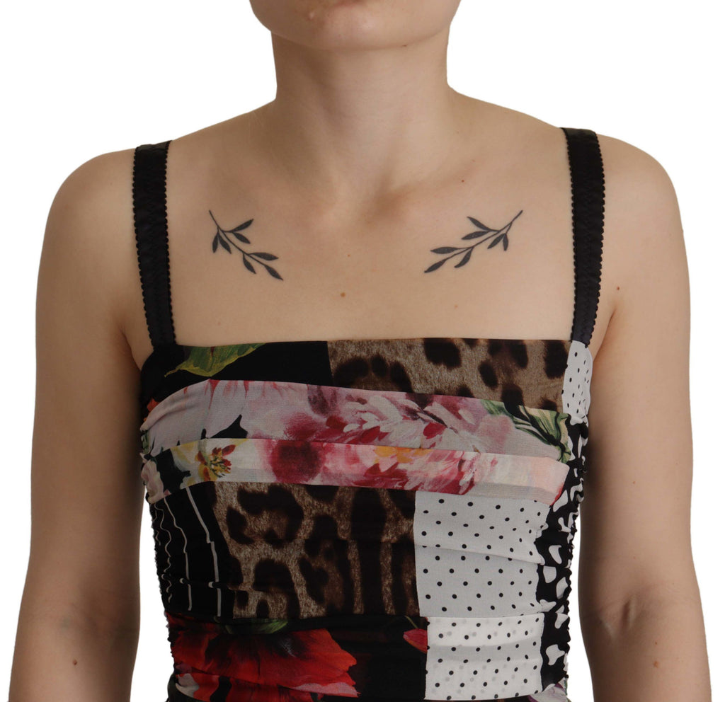 Dolce & Gabbana Multicolor Patchwork Floral Leopard Print Silk Midi Bodycon Dress