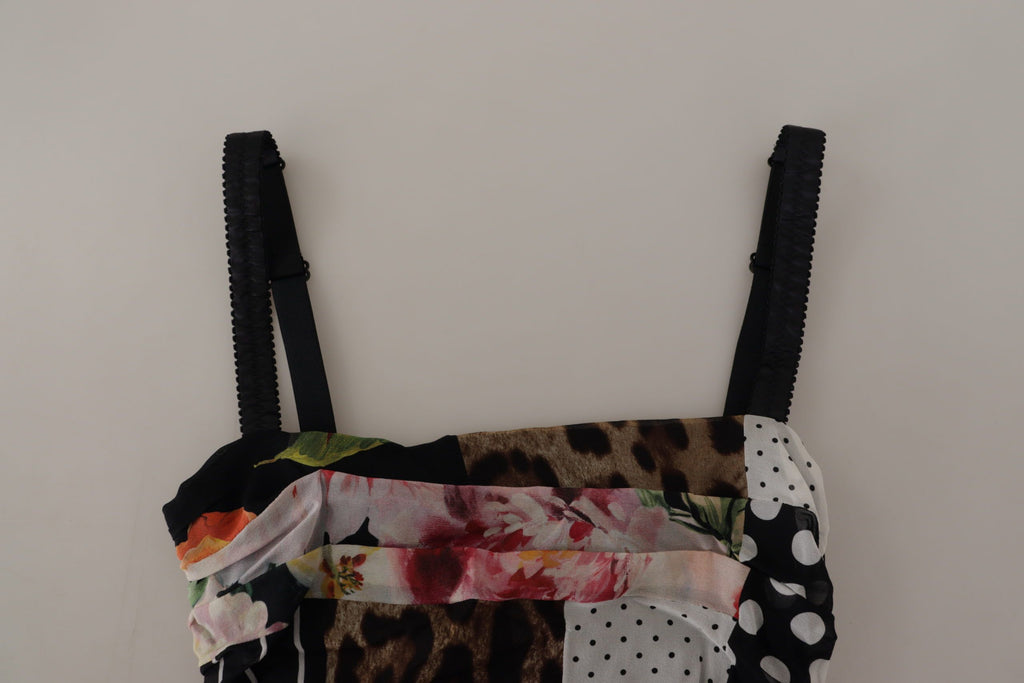 Dolce & Gabbana Multicolor Patchwork Floral Leopard Print Silk Midi Bodycon Dress