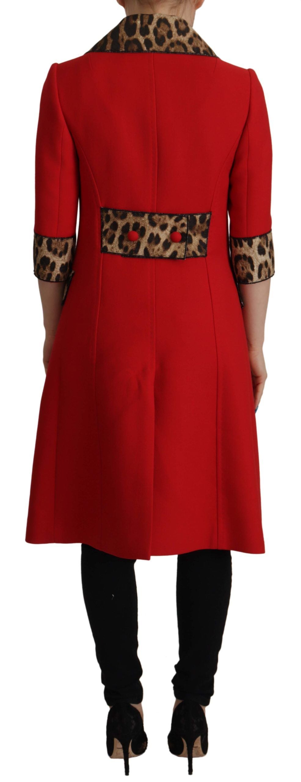 Dolce & Gabbana Red Leopard Print Wool Trench Coat Jacket