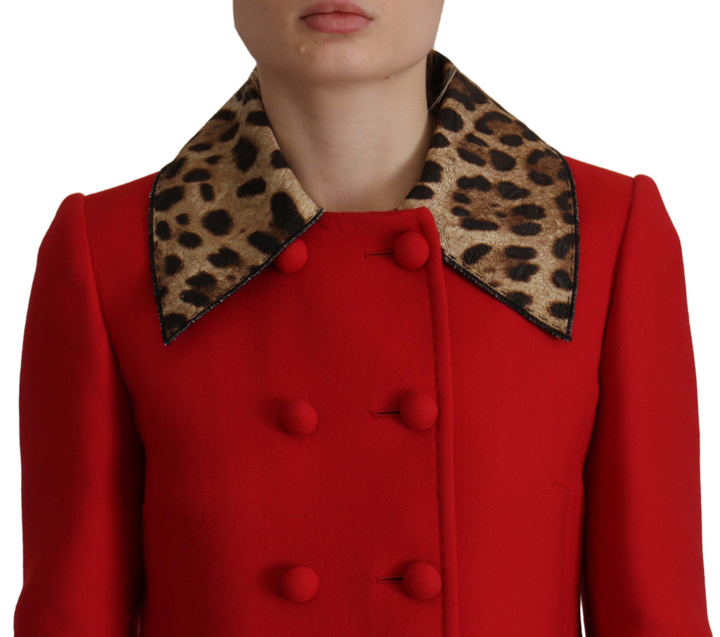 Dolce & Gabbana Red Leopard Print Wool Trench Coat Jacket