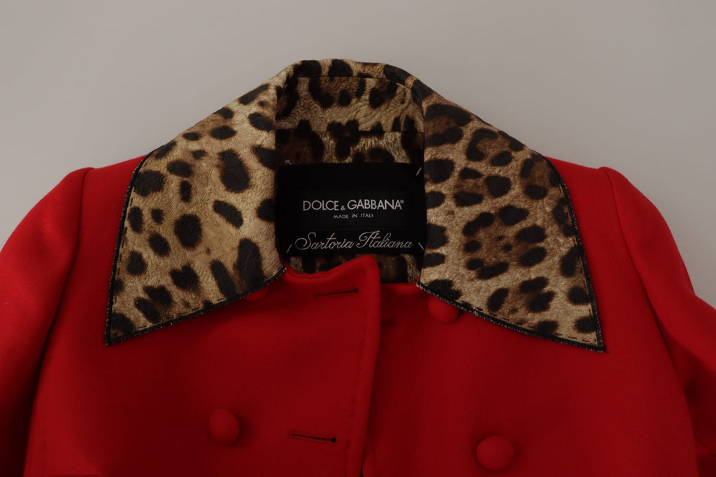 Dolce & Gabbana Red Leopard Print Wool Trench Coat Jacket