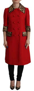 Dolce & Gabbana Red Leopard Print Wool Trench Coat Jacket