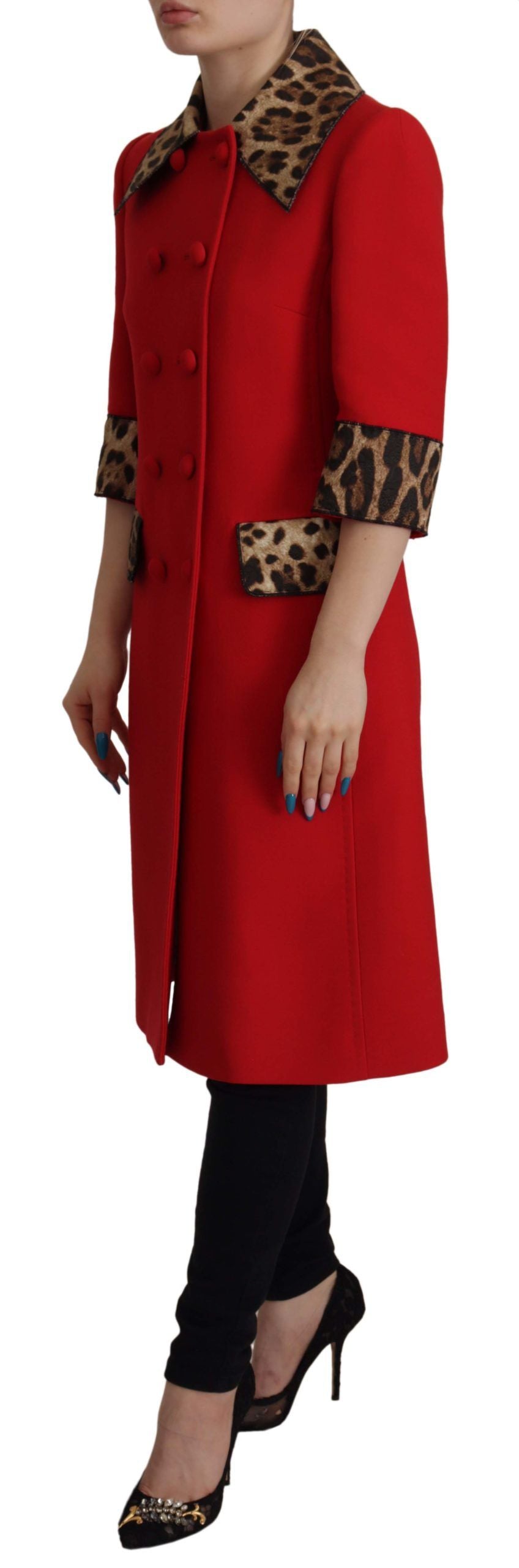Dolce & Gabbana Red Leopard Print Wool Trench Coat Jacket