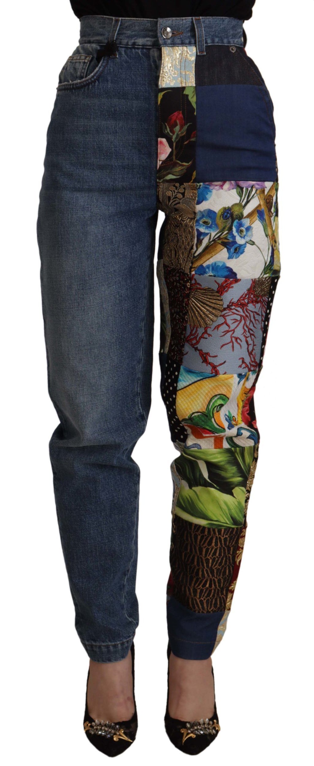 Dolce & Gabbana Blue Jacquard Majolica High-Waisted Jeans