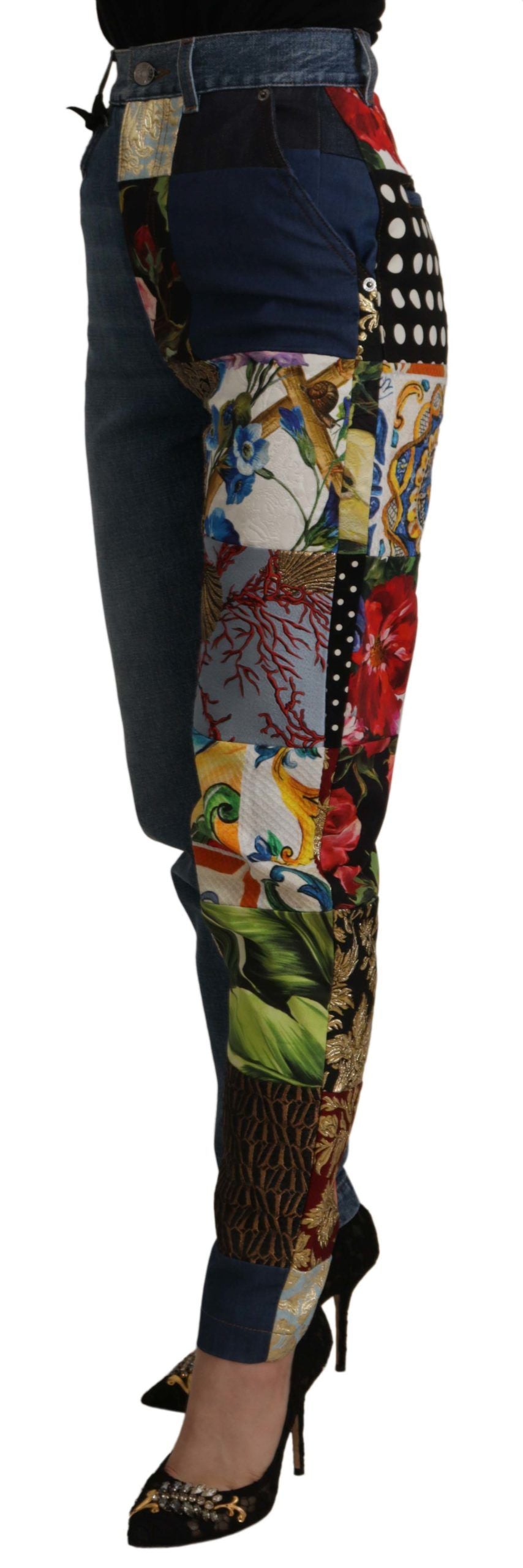 Dolce & Gabbana Blue Jacquard Majolica High-Waisted Jeans