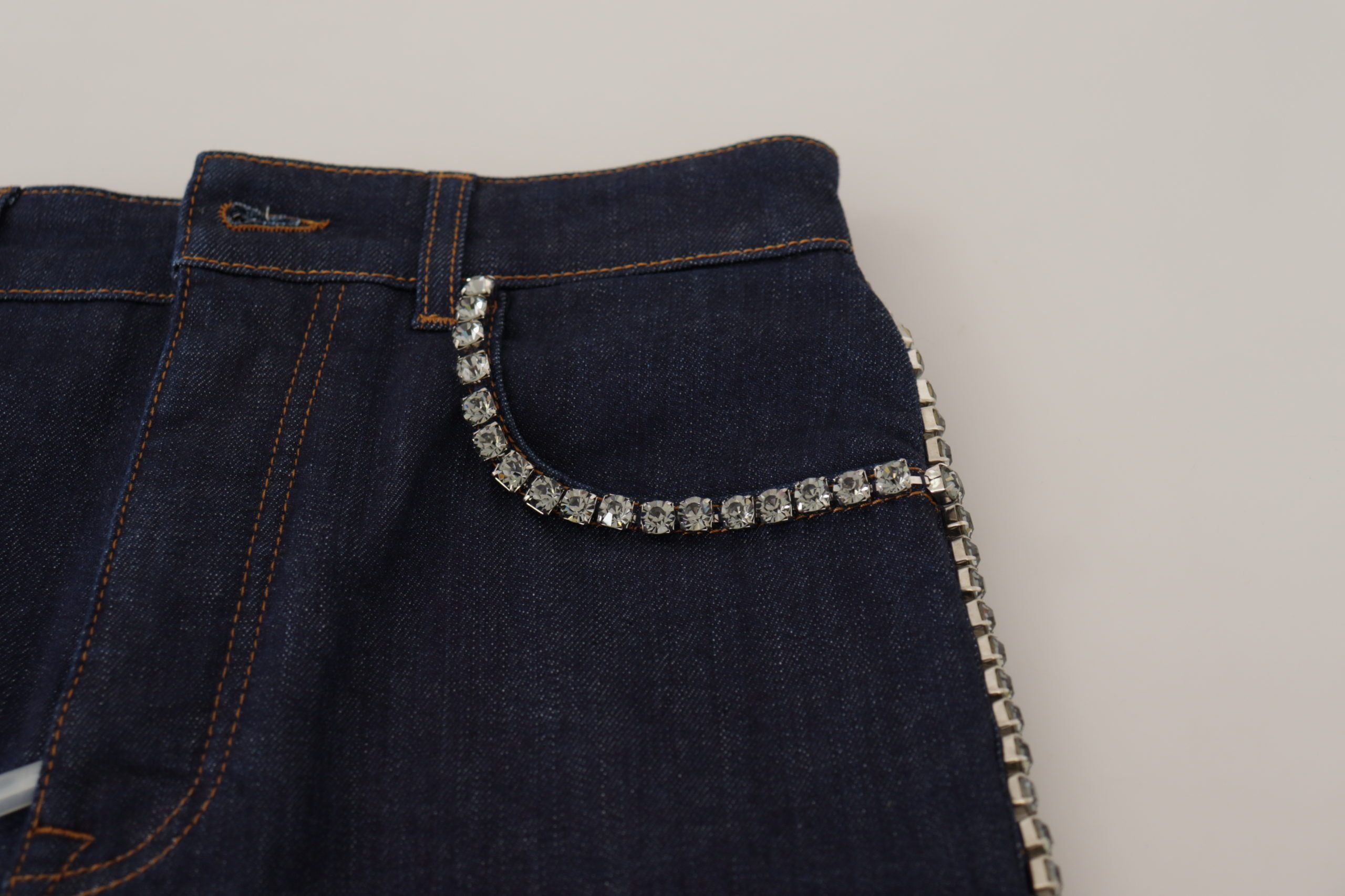Dolce & Gabbana Blaue Denim Stretch Crystal Hot Pants Shorts