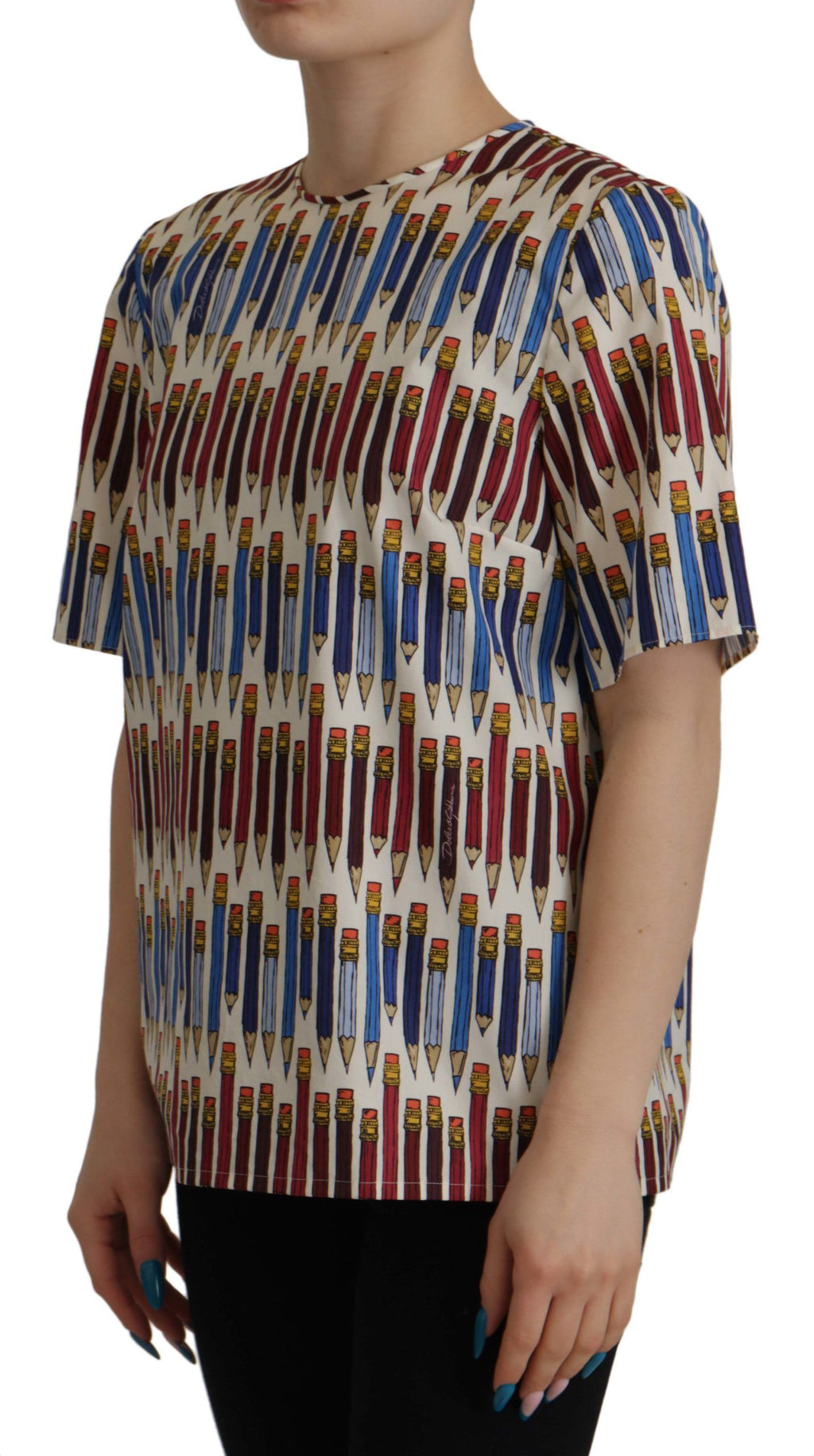 Dolce & Gabbana White Cotton Pencil Print T-Shirt Blouse