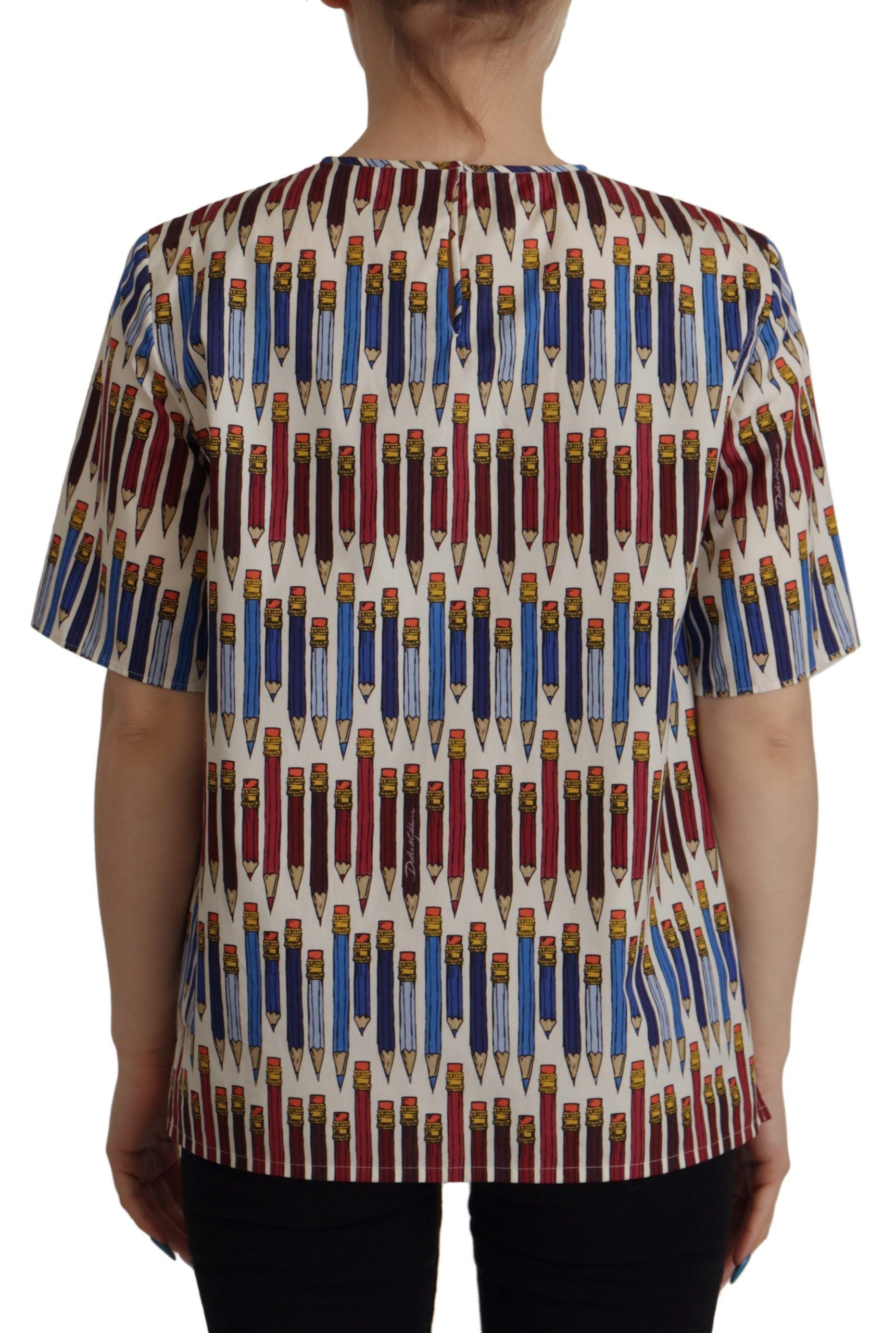 Dolce & Gabbana White Cotton Pencil Print T-Shirt Blouse