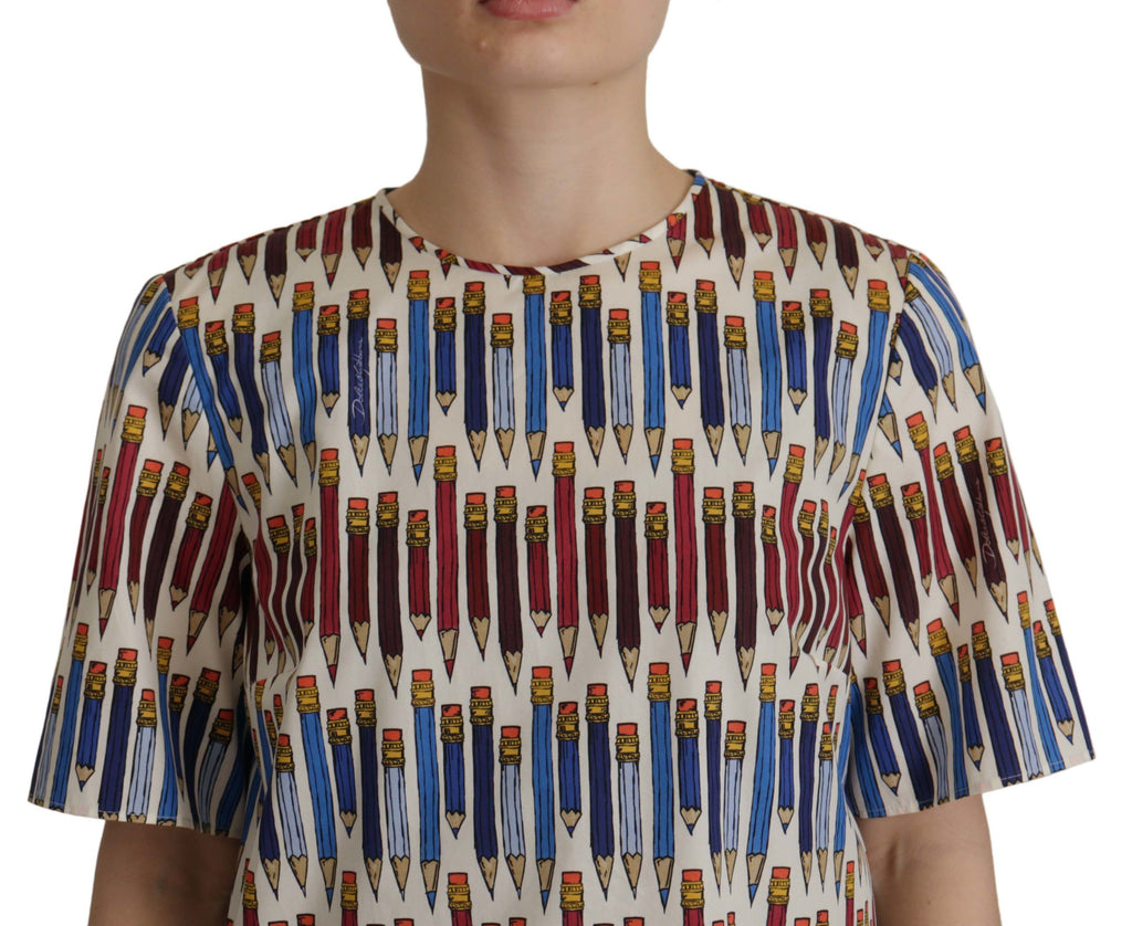 Dolce & Gabbana White Cotton Pencil Print T-Shirt Blouse