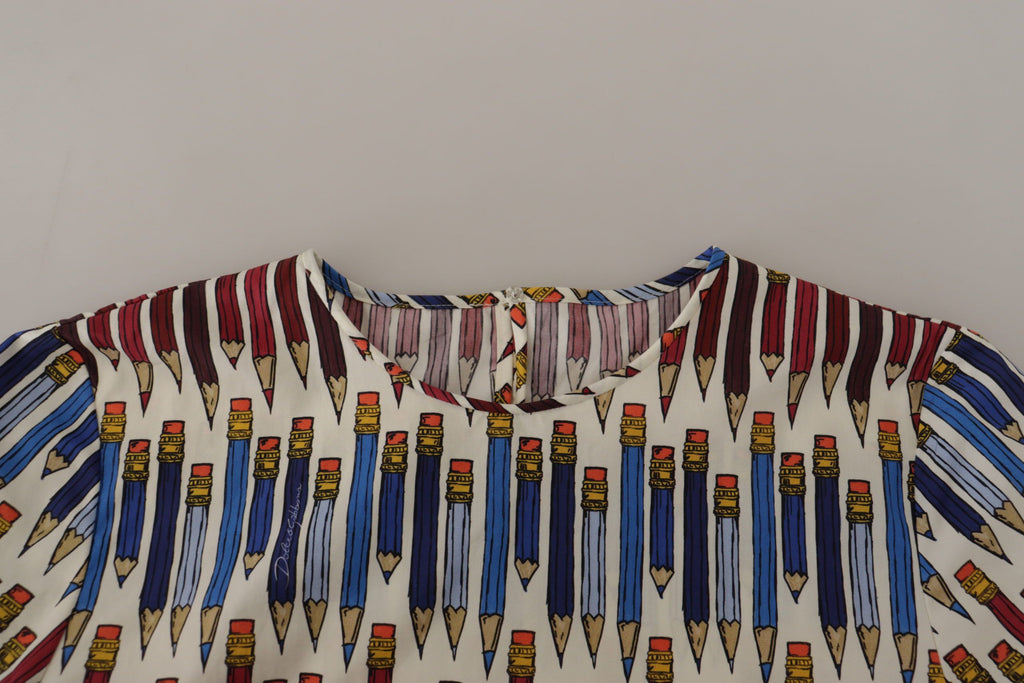 Dolce & Gabbana White Cotton Pencil Print T-Shirt Blouse