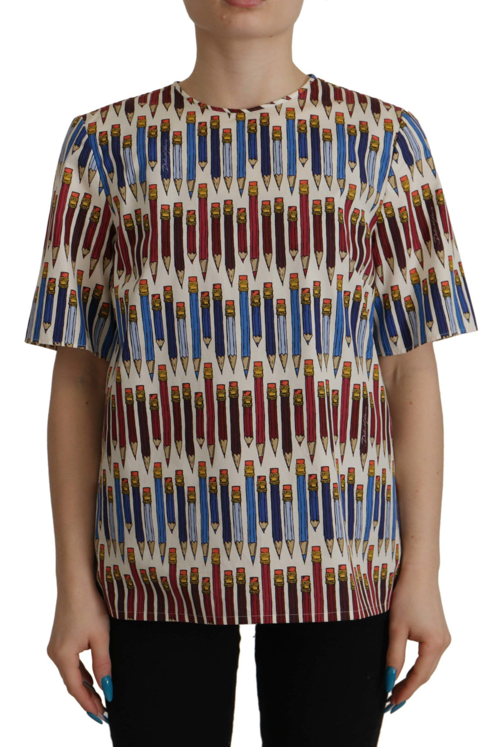 Dolce & Gabbana White Cotton Pencil Print T-Shirt Blouse