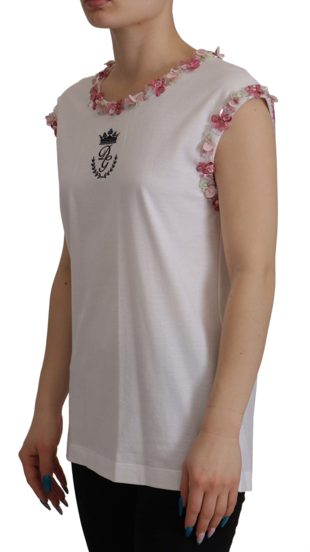 Dolce & Gabbana Weißes DG Crown Floral Pailletten-T-Shirt