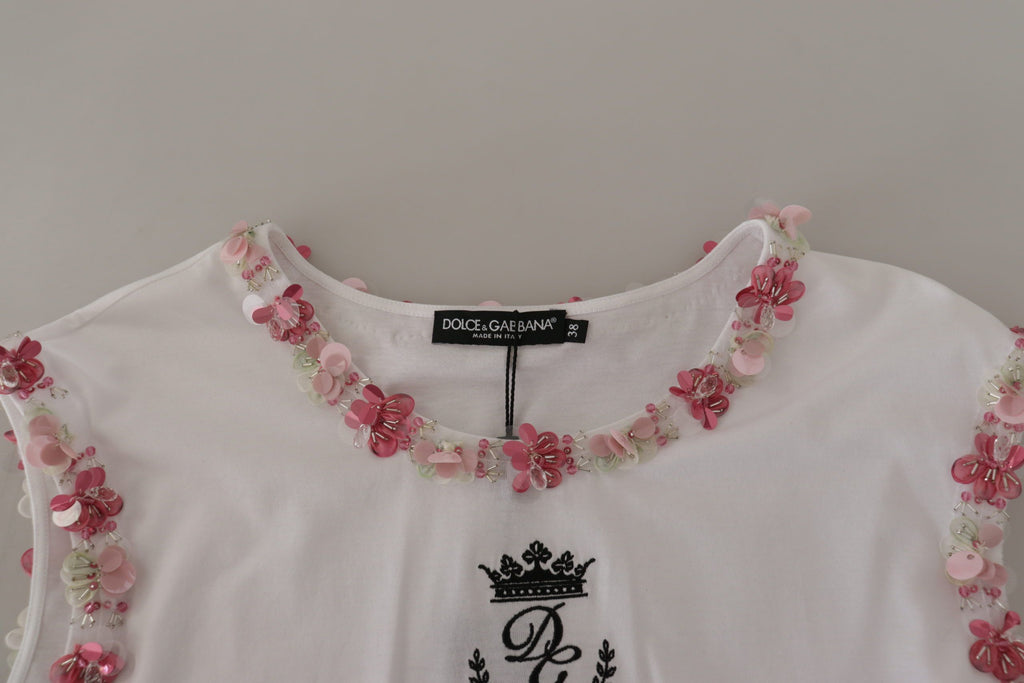 Dolce & Gabbana Weißes DG Crown Floral Pailletten-T-Shirt