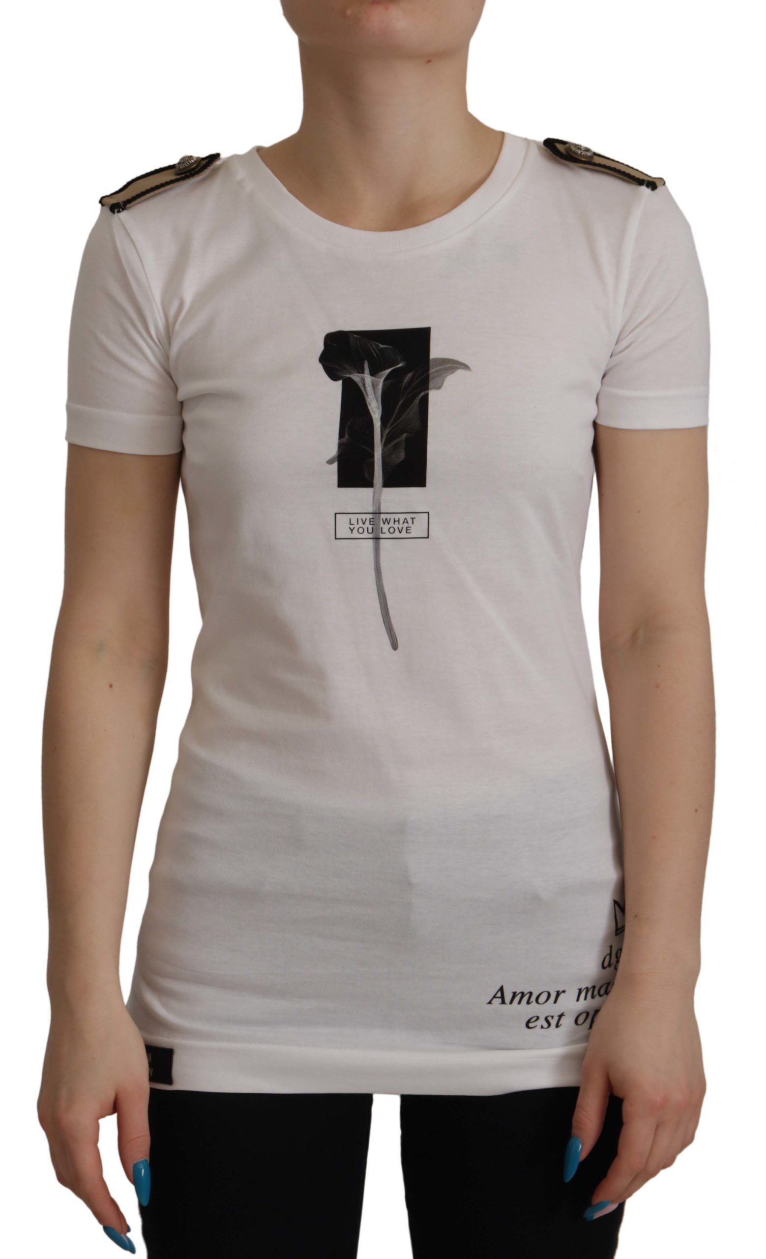Dolce & Gabbana Weiß Schwarz Rosen Baumwoll-T-Shirt mit Rundhalsausschnitt