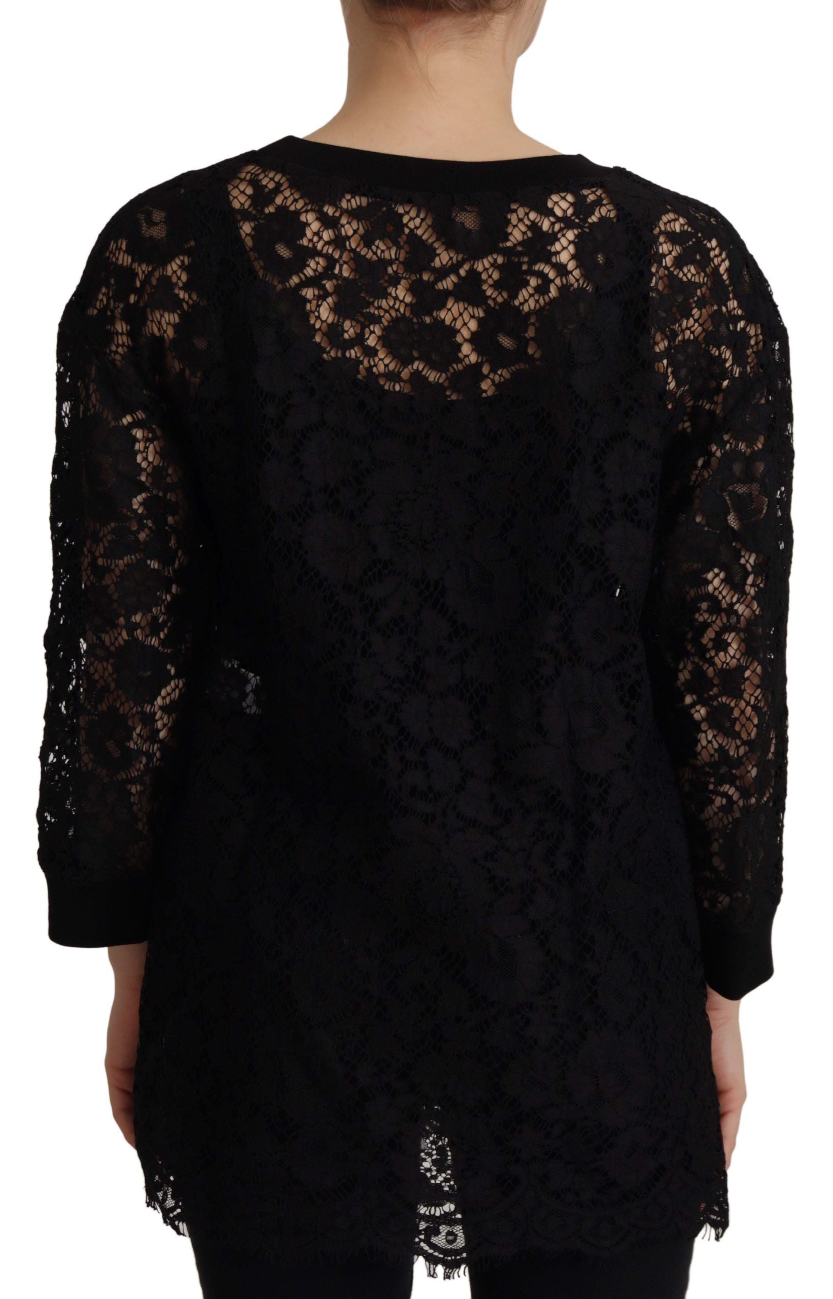 Dolce & Gabbana Schwarzer Spitzenpullover mit Blumenmuster Sicily Bluse