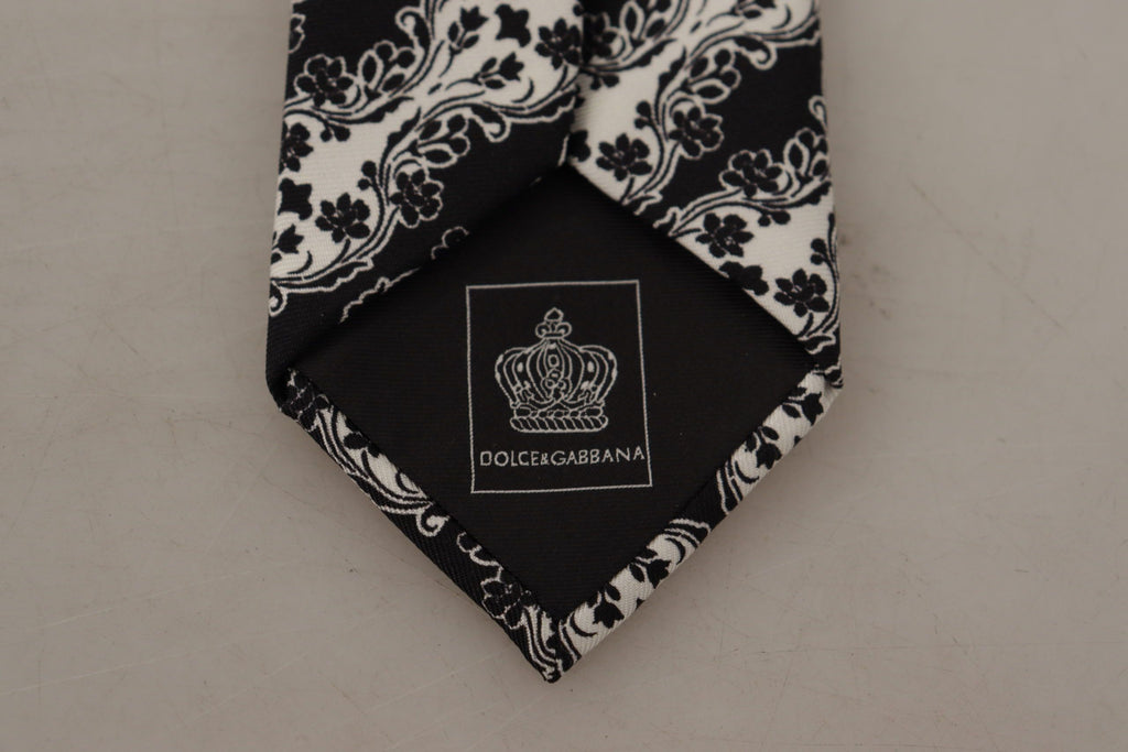 Dolce & Gabbana Schwarz Weiße Blume 100% Seide Druck Verstellbares Accessoire Krawatte