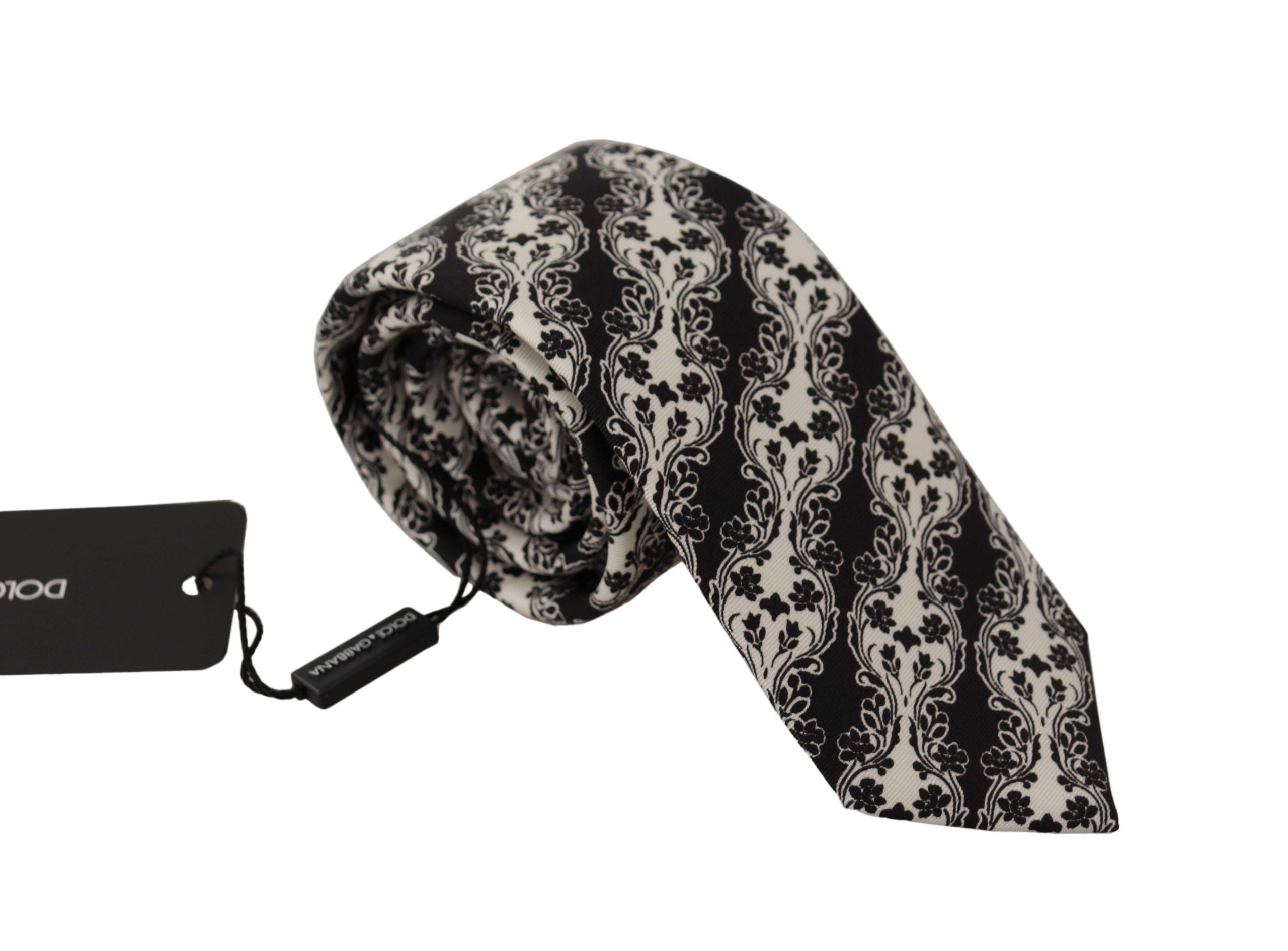 Dolce & Gabbana Schwarz Weiße Blume 100% Seide Druck Verstellbares Accessoire Krawatte