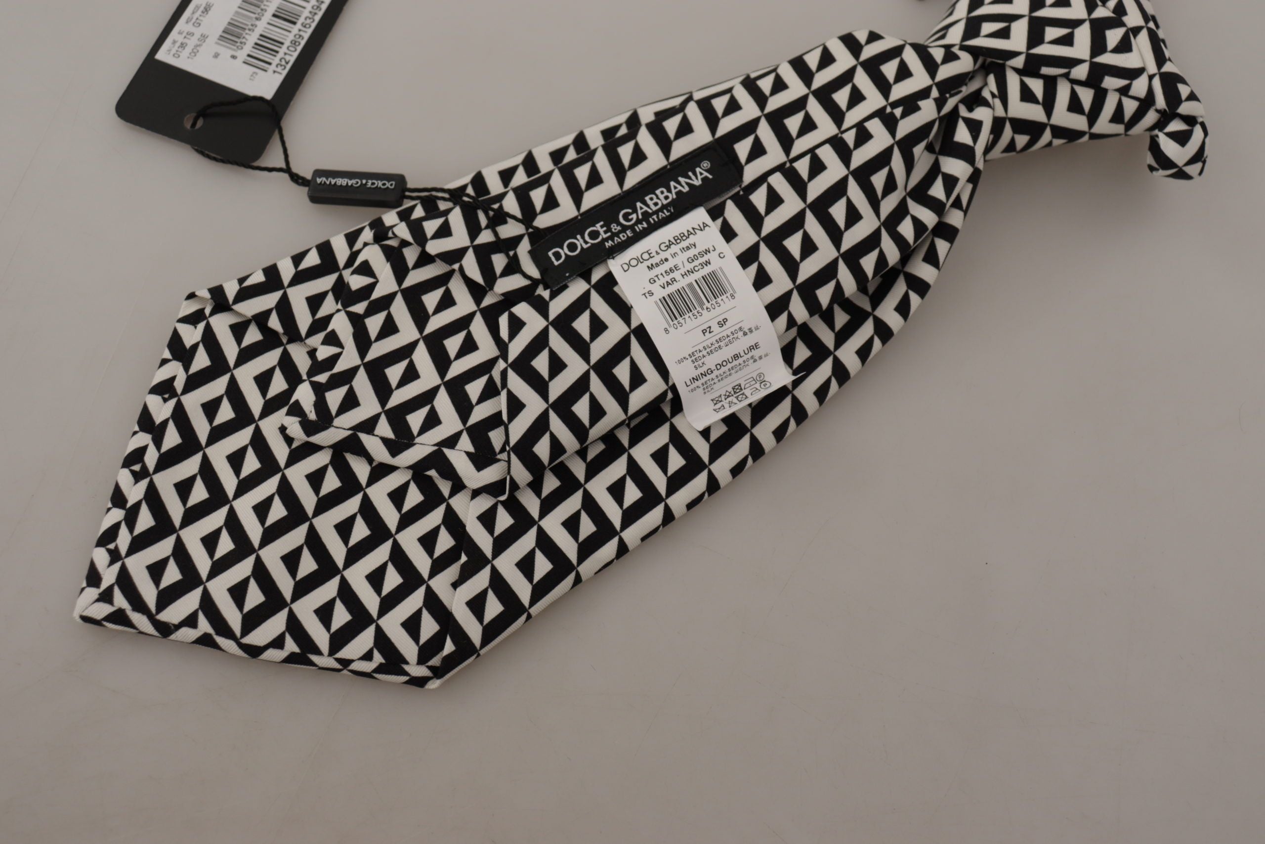 Dolce & Gabbana Schwarz-Weiß Geometrische Krawatte aus 100% Seide Verstellbares Accessoire