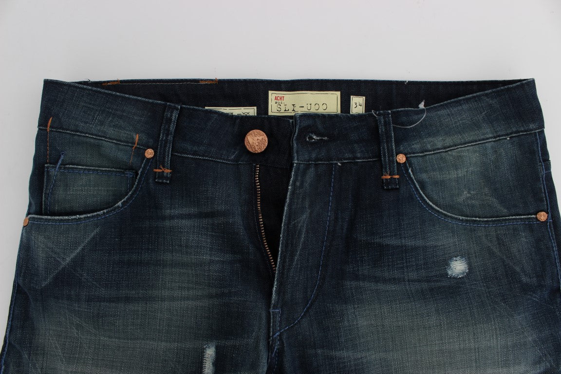 Acht Blaue Waschung Baumwolle Denim Slim Fit Jeans
